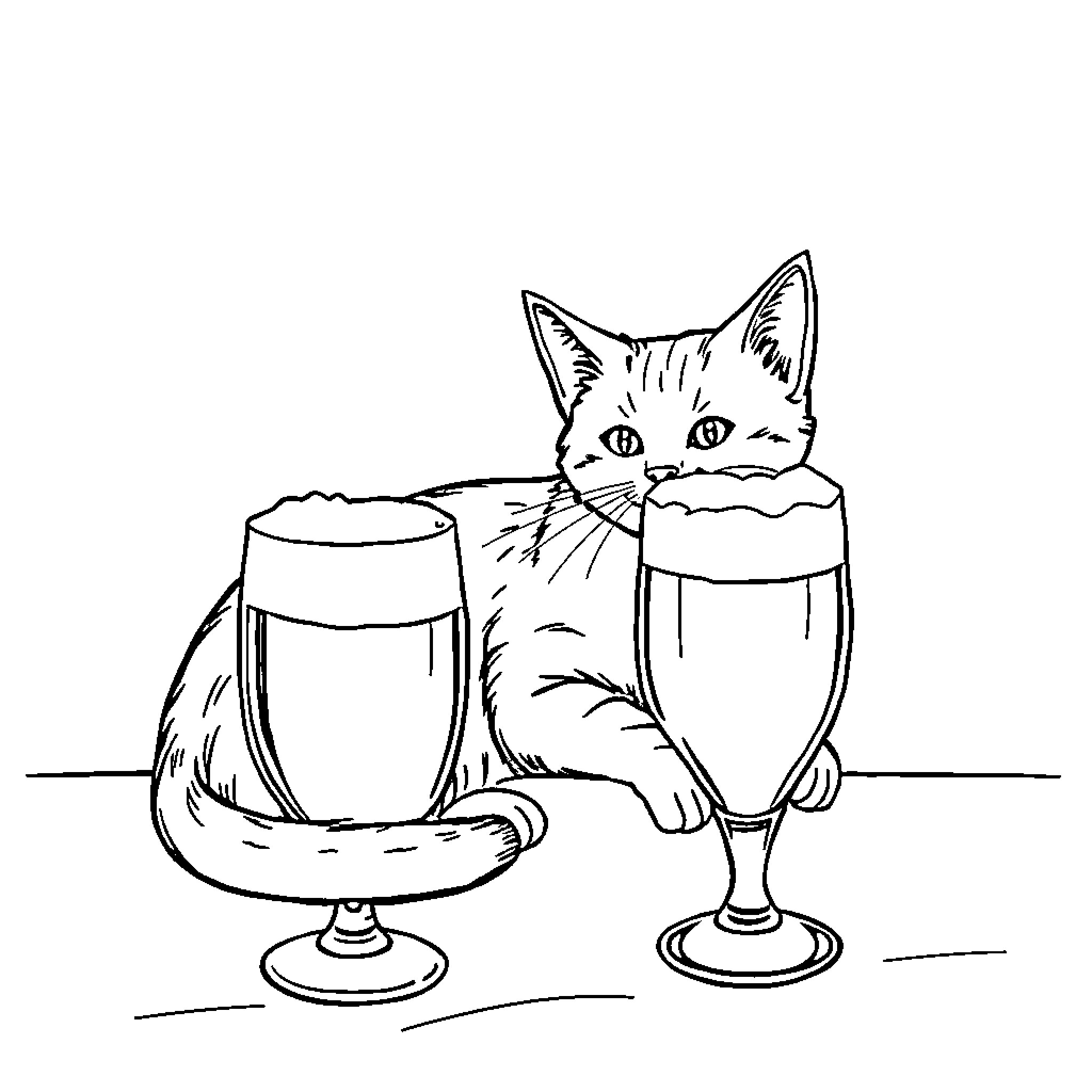 Kitten relaxing with drinks Coloring Page (free black-and-white line drawing printable PDF for all, from beginners to advanced learners, including children, teens, adults, and seniors)