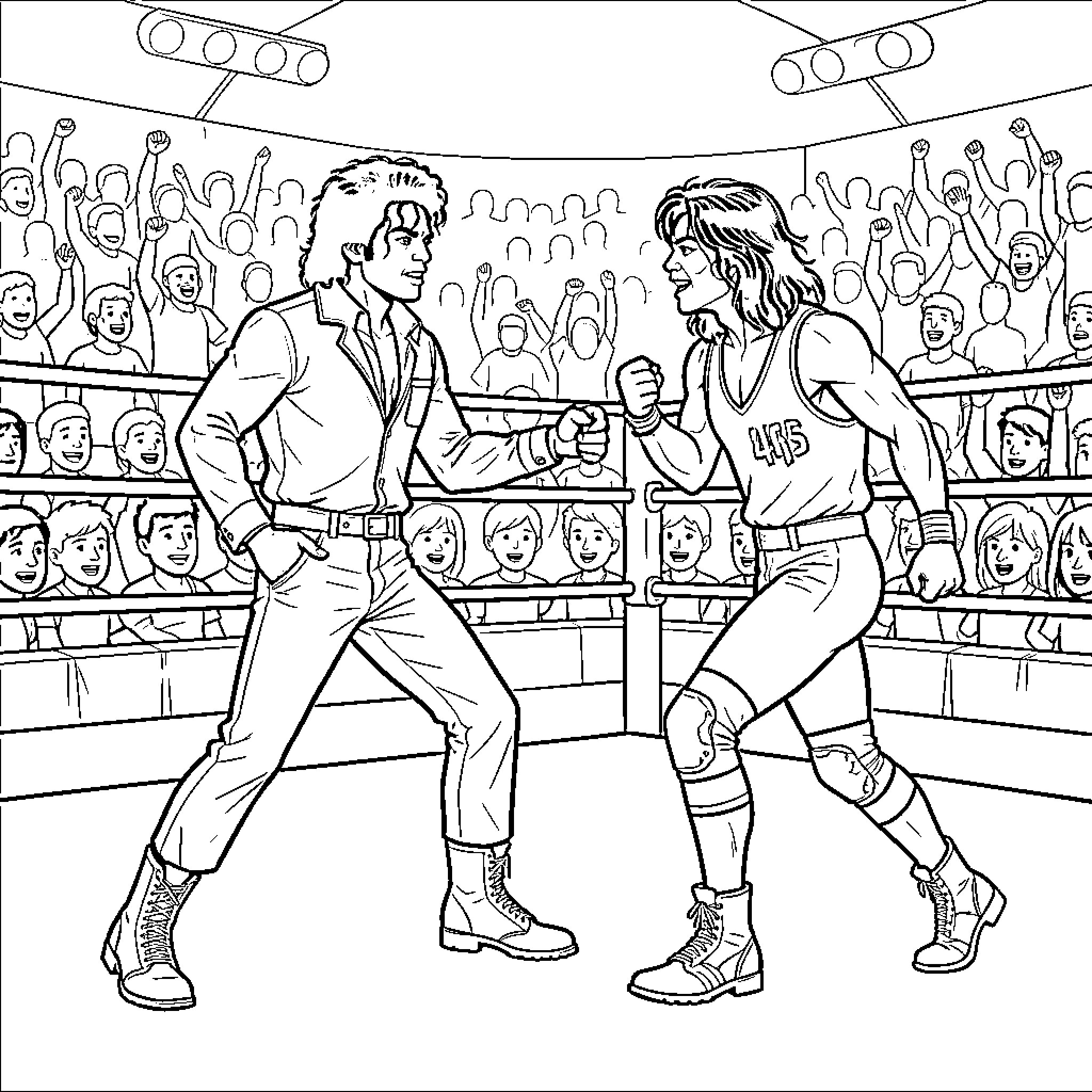 Michael Jackson dancing with another performer in a ring Coloring Page (free black-and-white line drawing printable PDF for all, from beginners to advanced learners, including children, teens, adults, and seniors)