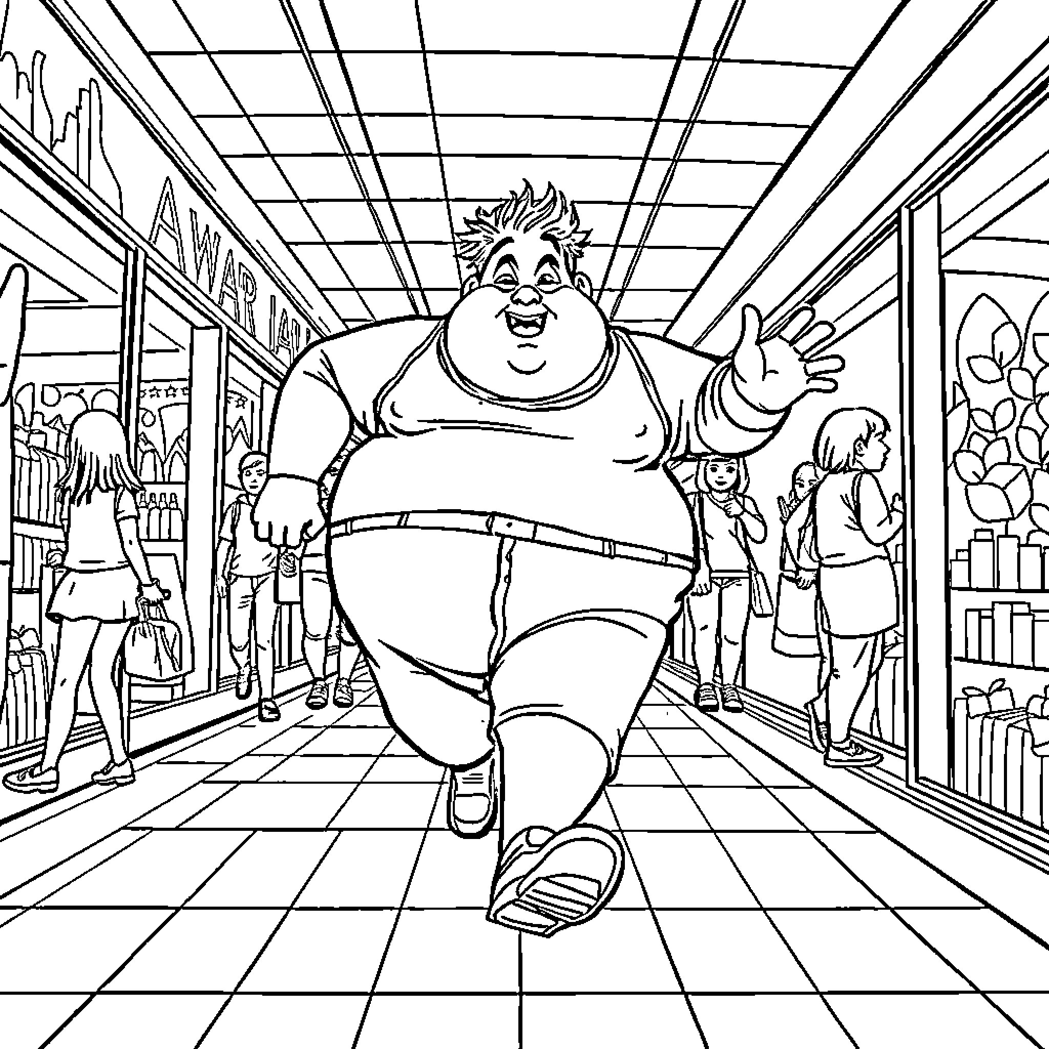 Man running happily in a crowded store Coloring Page (free black-and-white line drawing printable PDF for all, from beginners to advanced learners, including children, teens, adults, and seniors)