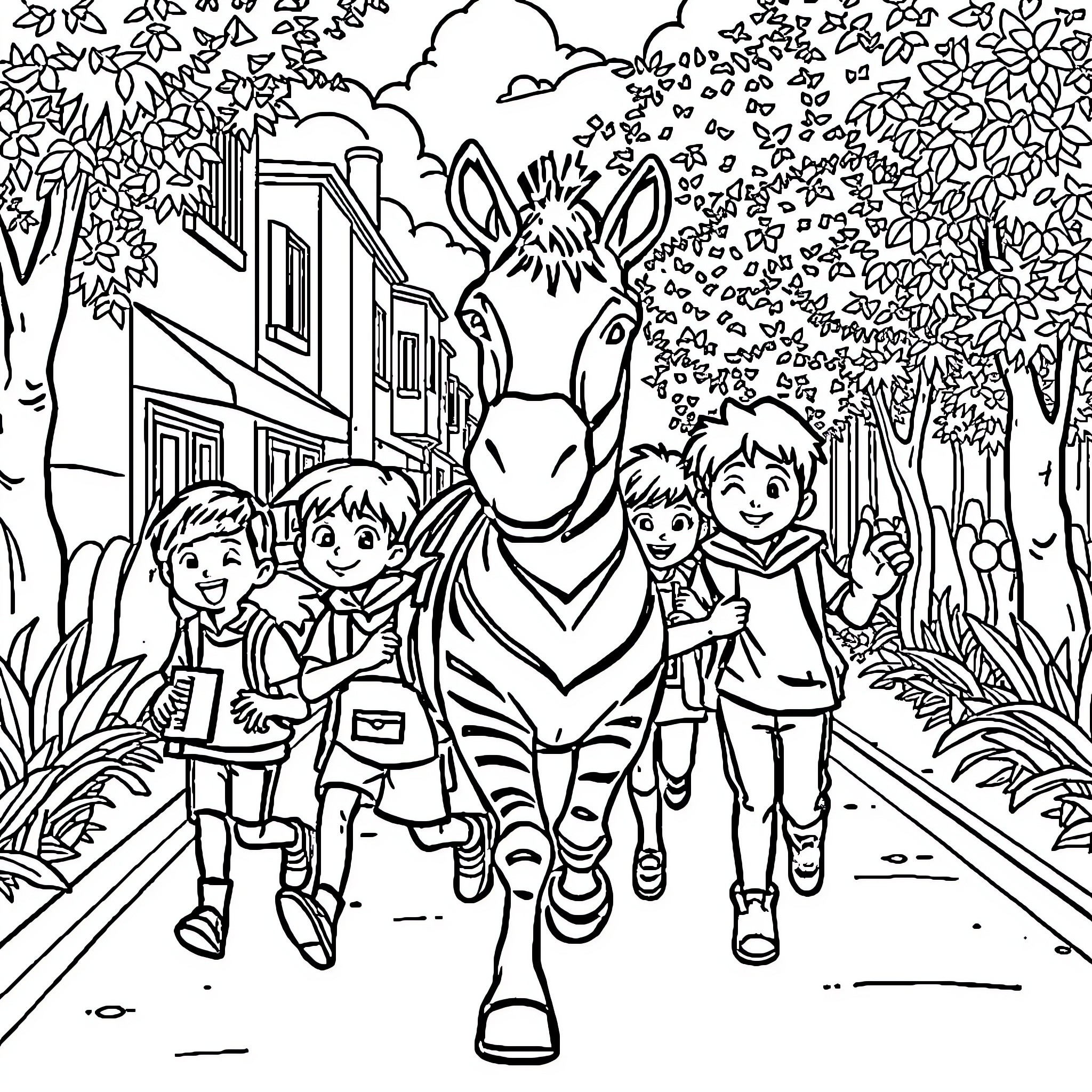 Child with friends and a donkey on a nature path Coloring Page (free black-and-white line drawing printable PDF for all, from beginners to advanced learners, including children, teens, adults, and seniors)