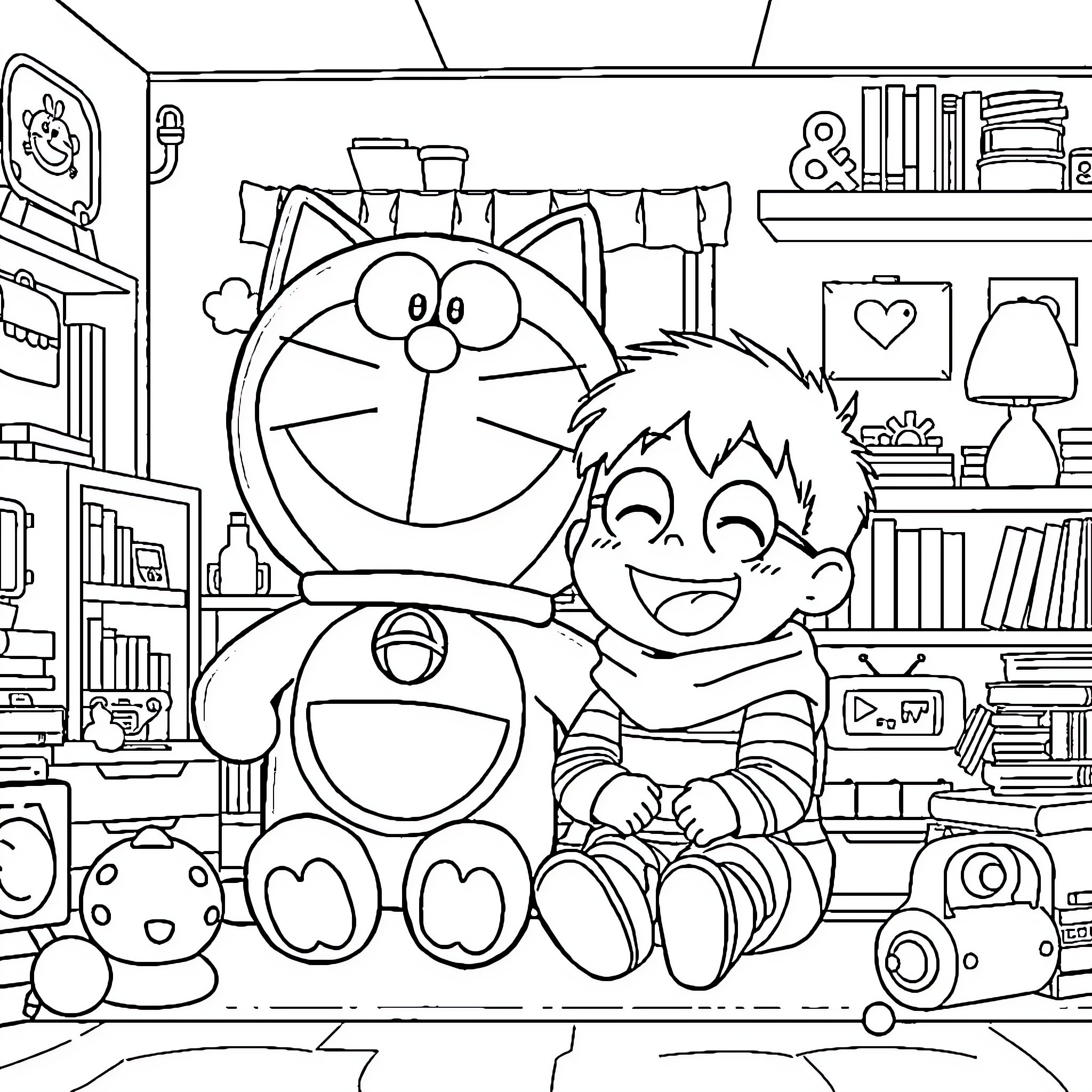 Doraemon and Boy Playing in Cozy Bedroom Coloring Page (free black-and-white line drawing printable PDF for all, from beginners to advanced learners, including children, teens, adults, and seniors)