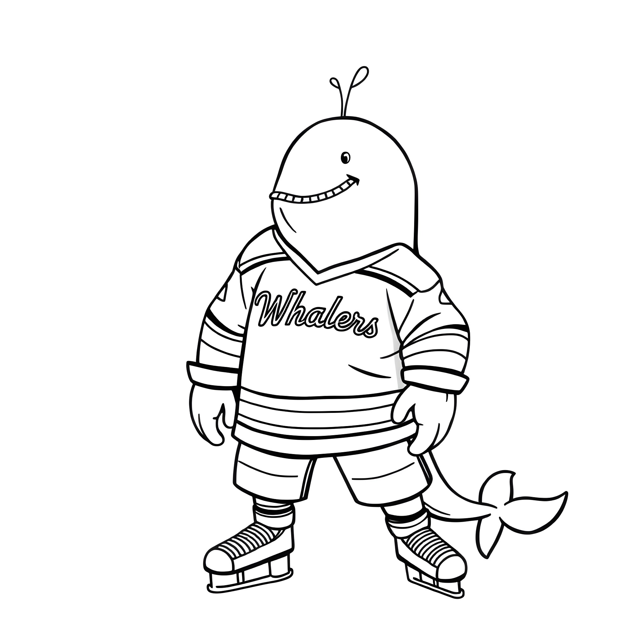 Whale mascot in hockey uniform skating on ice Coloring Page (free black-and-white line drawing printable PDF for all, from beginners to advanced learners, including children, teens, adults, and seniors)