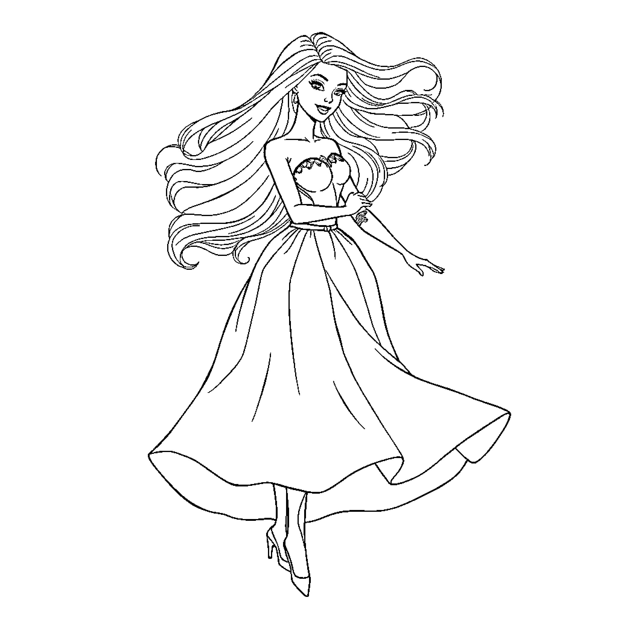 Barbie Gracefully Dancing in Flowing Dress Coloring Page (free black-and-white line drawing printable PDF for all, from beginners to advanced learners, including children, teens, adults, and seniors)