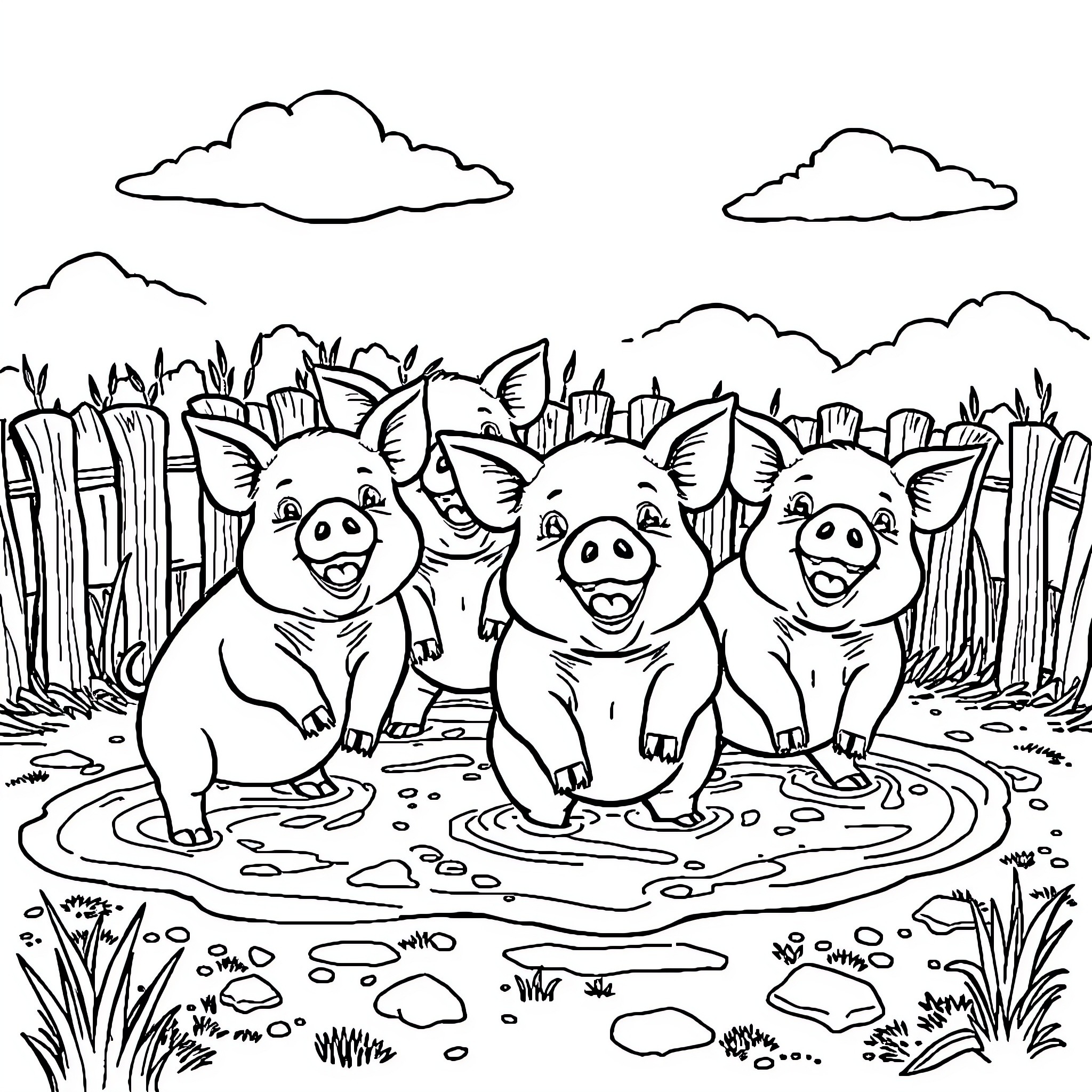 Pigs playing happily in the mud Coloring Page (free black-and-white line drawing printable PDF for all, from beginners to advanced learners, including children, teens, adults, and seniors)