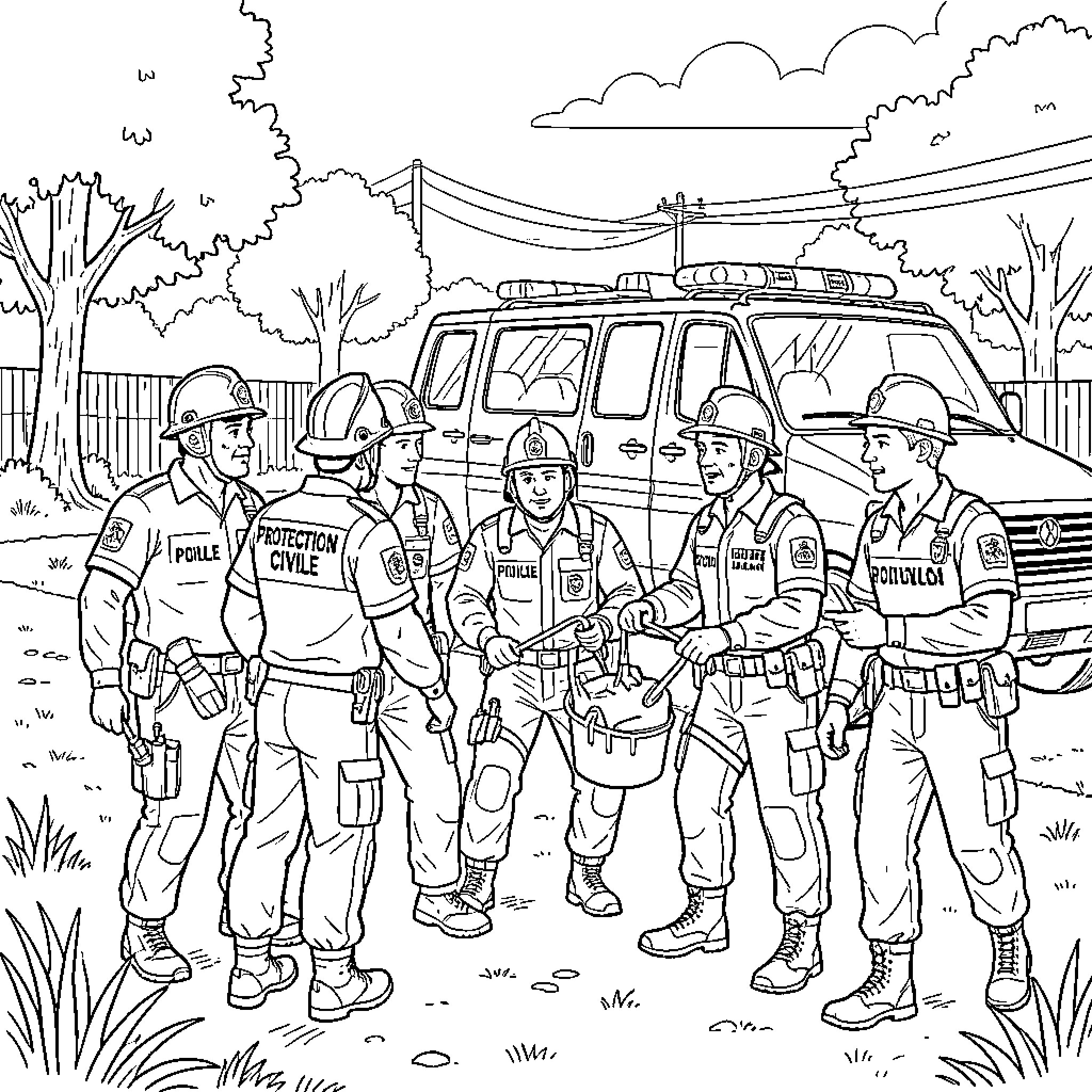 Civil Protection workers standing together by a service vehicle Coloring Page (free black-and-white line drawing printable PDF for all, from beginners to advanced learners, including children, teens, adults, and seniors)