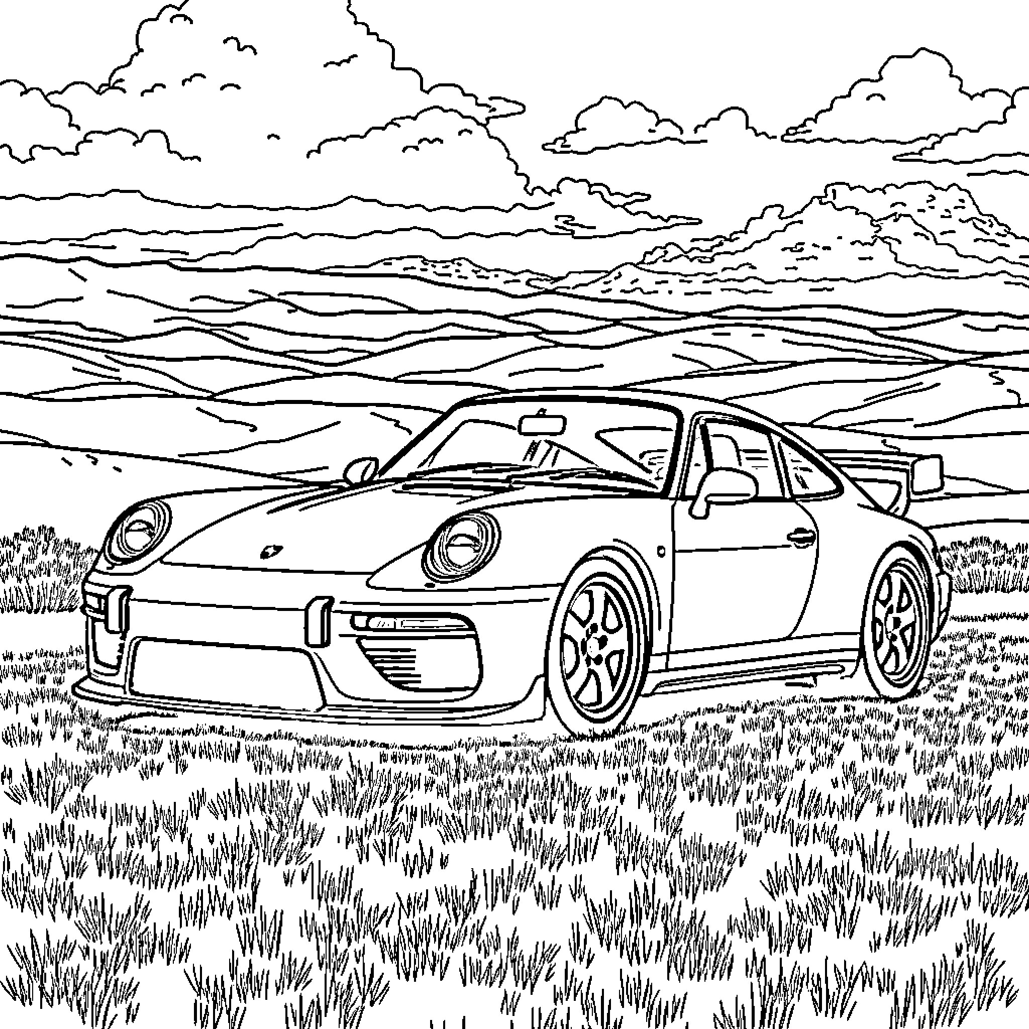 Porsche sports car on a scenic rural road Coloring Page (free black-and-white line drawing printable PDF for all, from beginners to advanced learners, including children, teens, adults, and seniors)