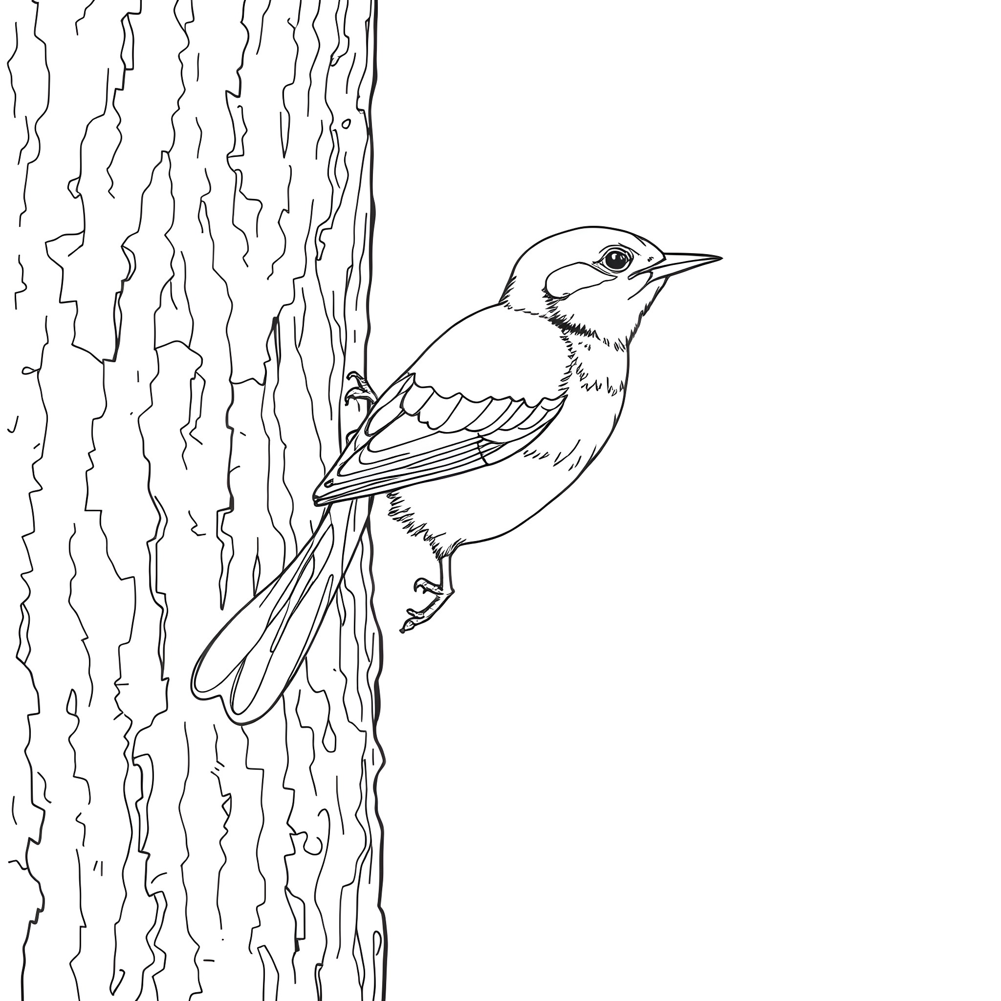 Dacnis bird perched on a tree trunk Coloring Page (free black-and-white line drawing printable PDF for all, from beginners to advanced learners, including children, teens, adults, and seniors)