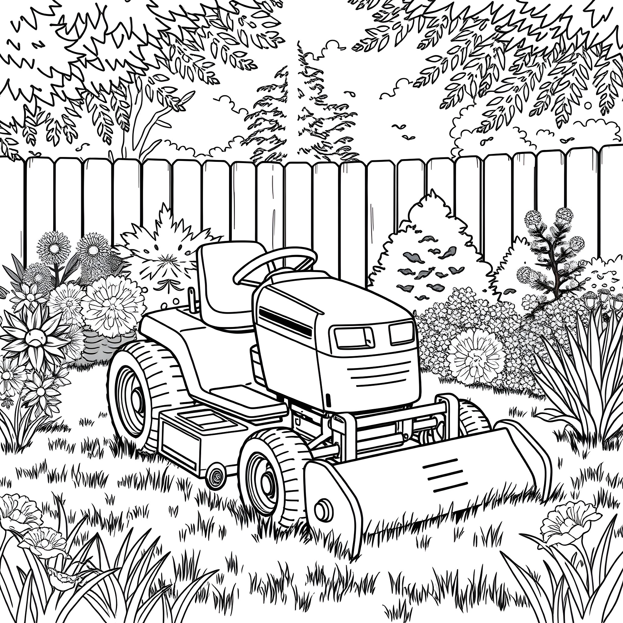 Riding Mower in a Lush Garden Coloring Page (free black-and-white line drawing printable PDF for all, from beginners to advanced learners, including children, teens, adults, and seniors)