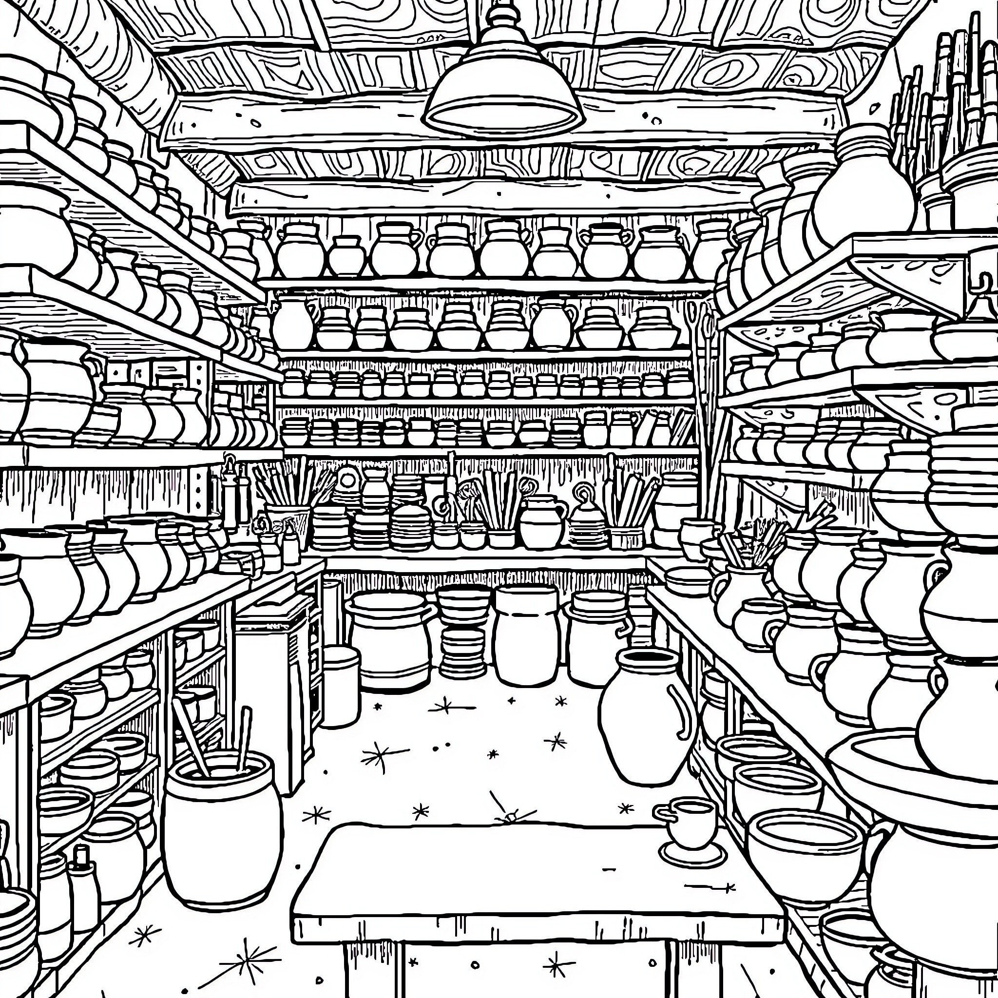 Pottery Studio with Diverse Ceramic Creations Coloring Page (free black-and-white line drawing printable PDF for all, from beginners to advanced learners, including children, teens, adults, and seniors)