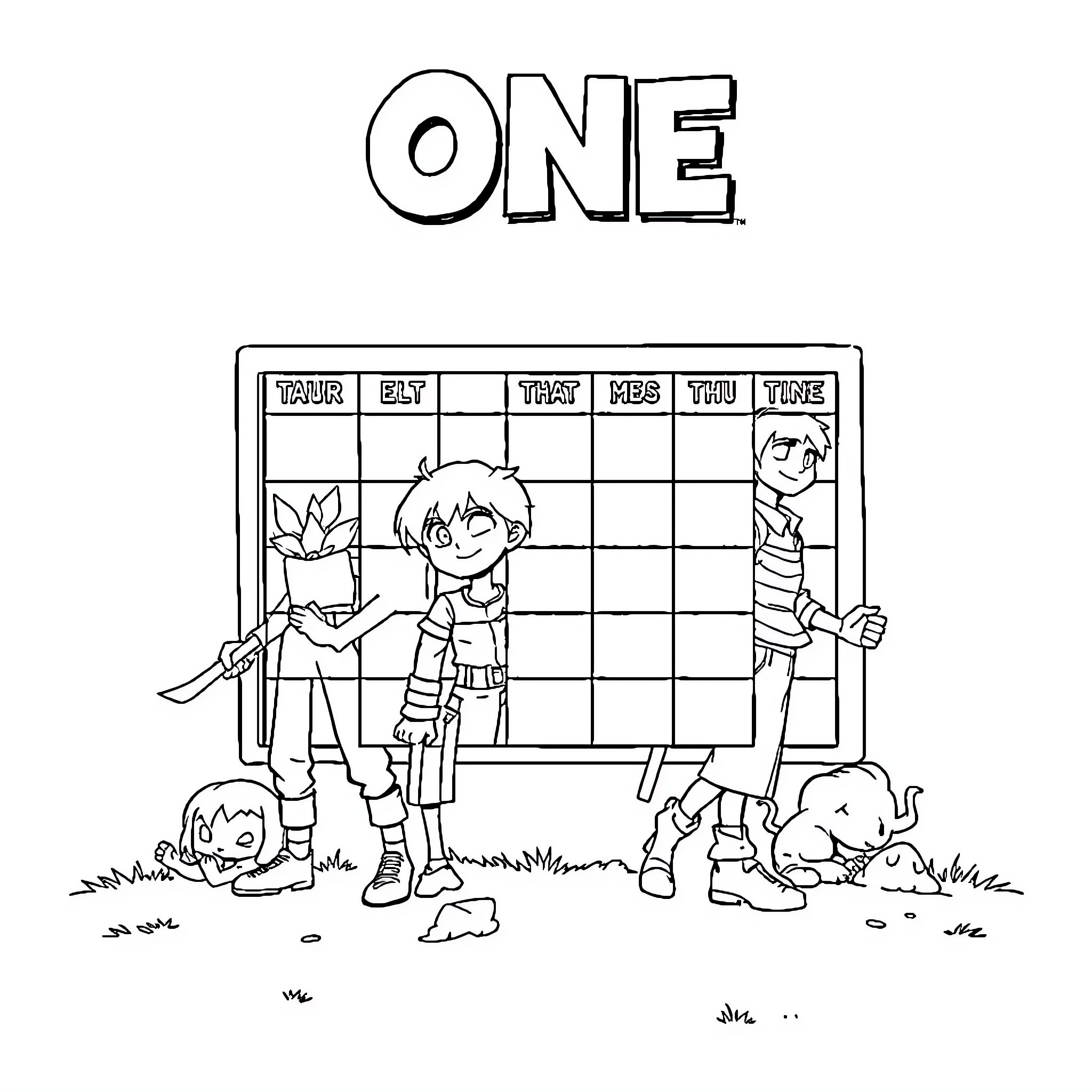 Game Character Group Celebrating One Coloring Page (free black-and-white line drawing printable PDF for all, from beginners to advanced learners, including children, teens, adults, and seniors)