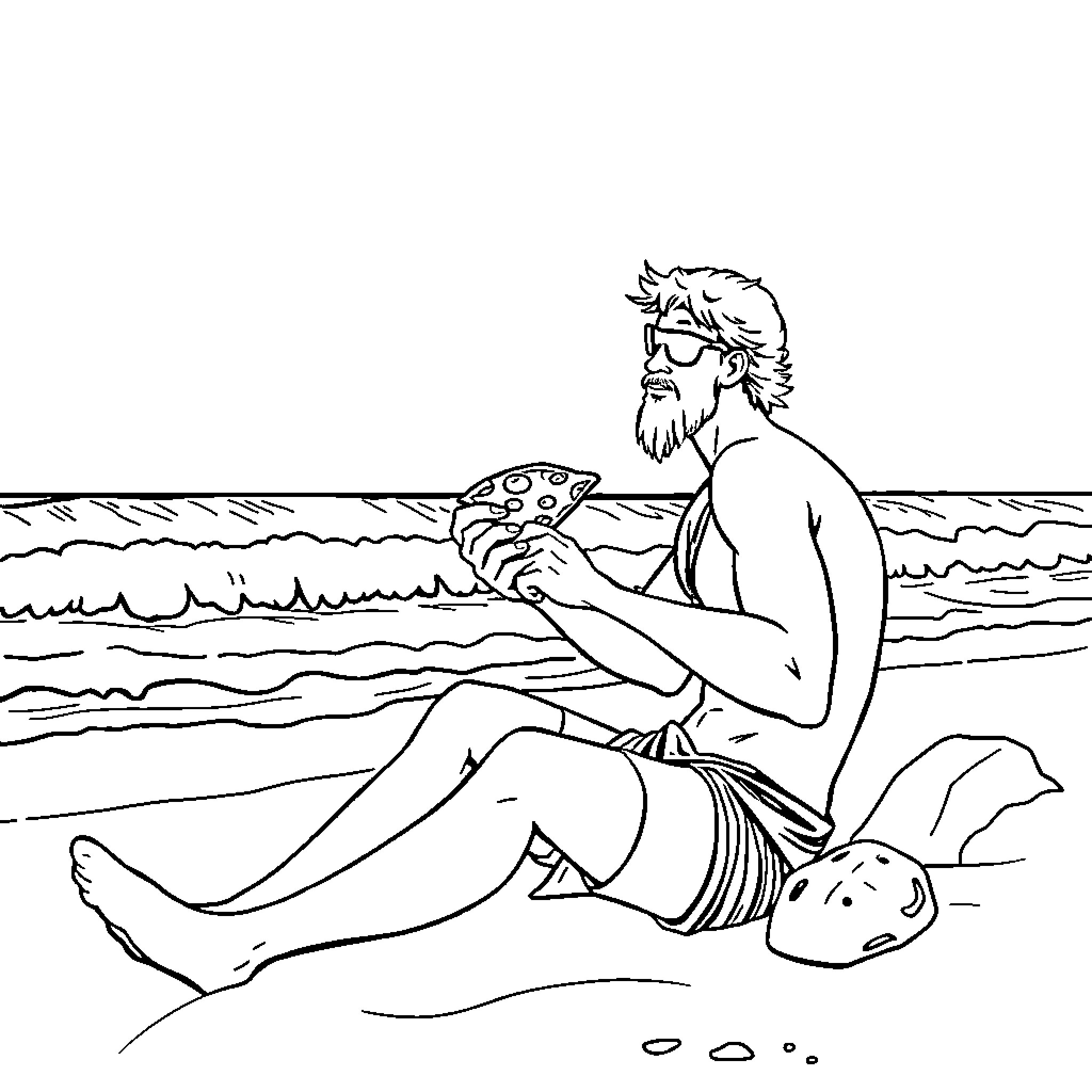 Surfer relaxing on the beach with pizza Coloring Page (free black-and-white line drawing printable PDF for all, from beginners to advanced learners, including children, teens, adults, and seniors)