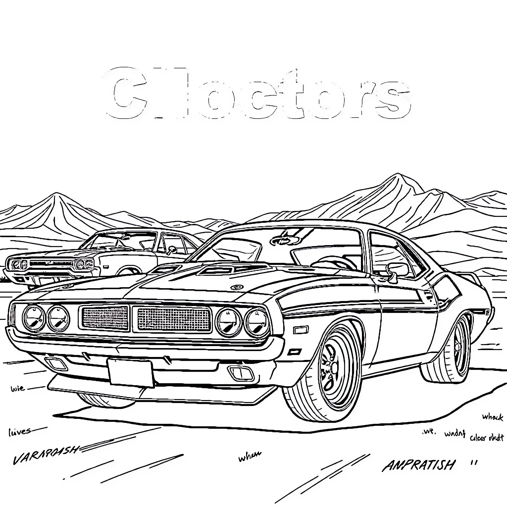 Muscle Car Racing Through the Mountains Coloring Page (free black-and-white line drawing printable PDF for all, from beginners to advanced learners, including children, teens, adults, and seniors)