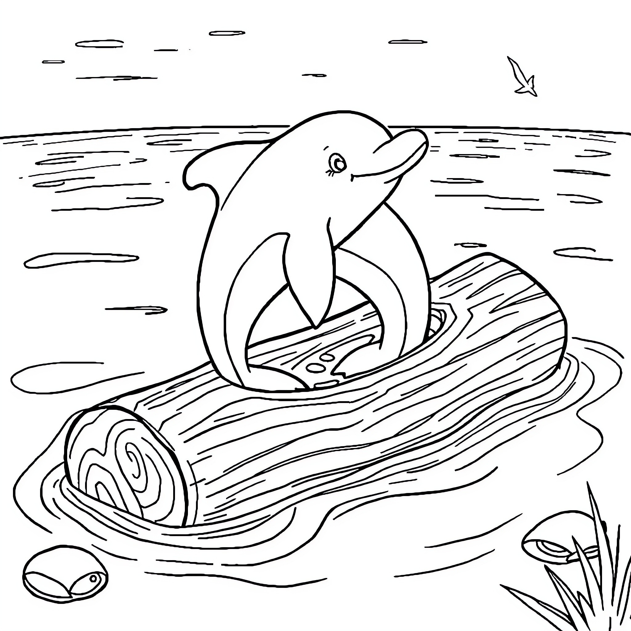 Dolphin swimming happily on a log in the sea Coloring Page (free black-and-white line drawing printable PDF for all, from beginners to advanced learners, including children, teens, adults, and seniors)