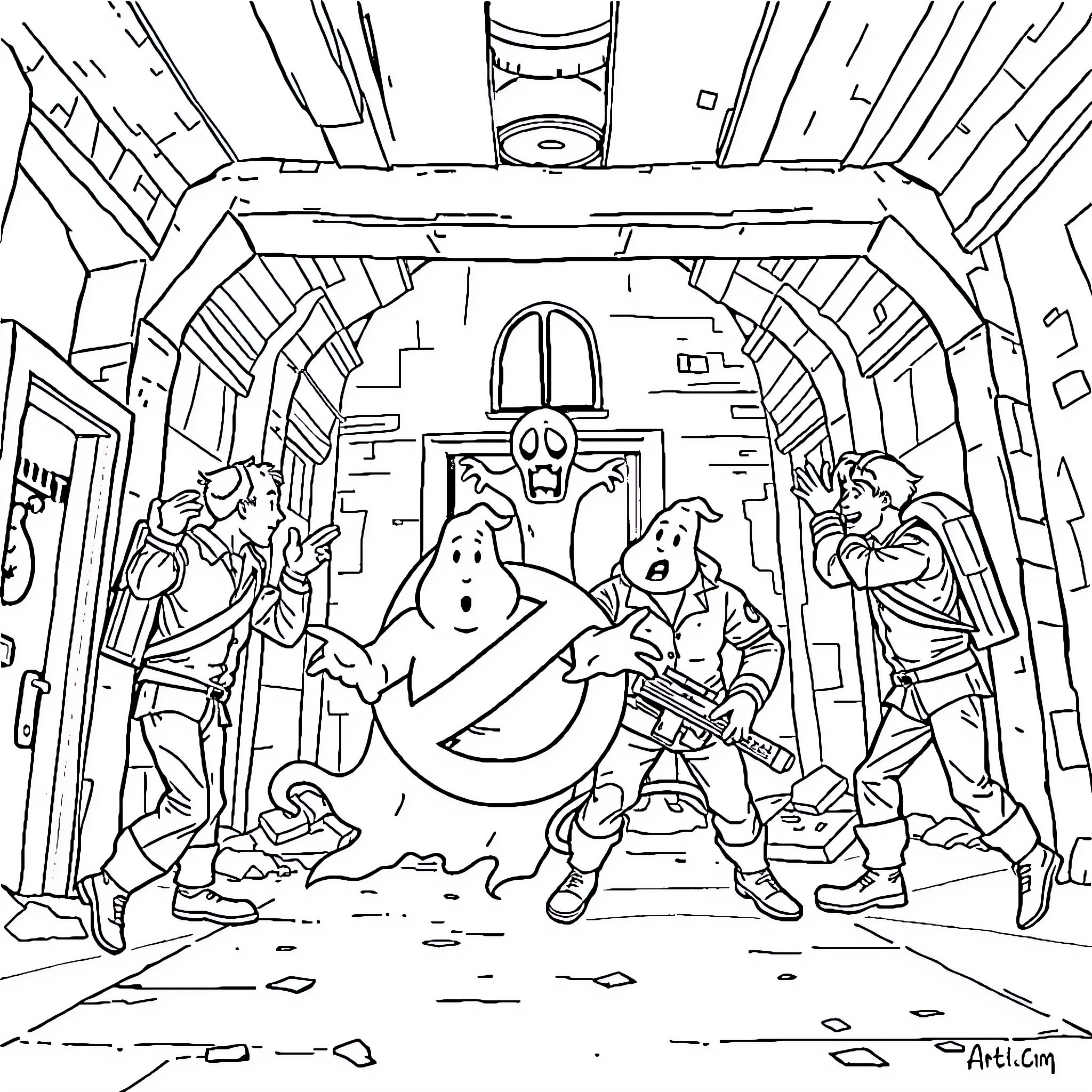 Ghostbusters take on supernatural challenges in haunted setting Coloring Page (free black-and-white line drawing printable PDF for all, from beginners to advanced learners, including children, teens, adults, and seniors)