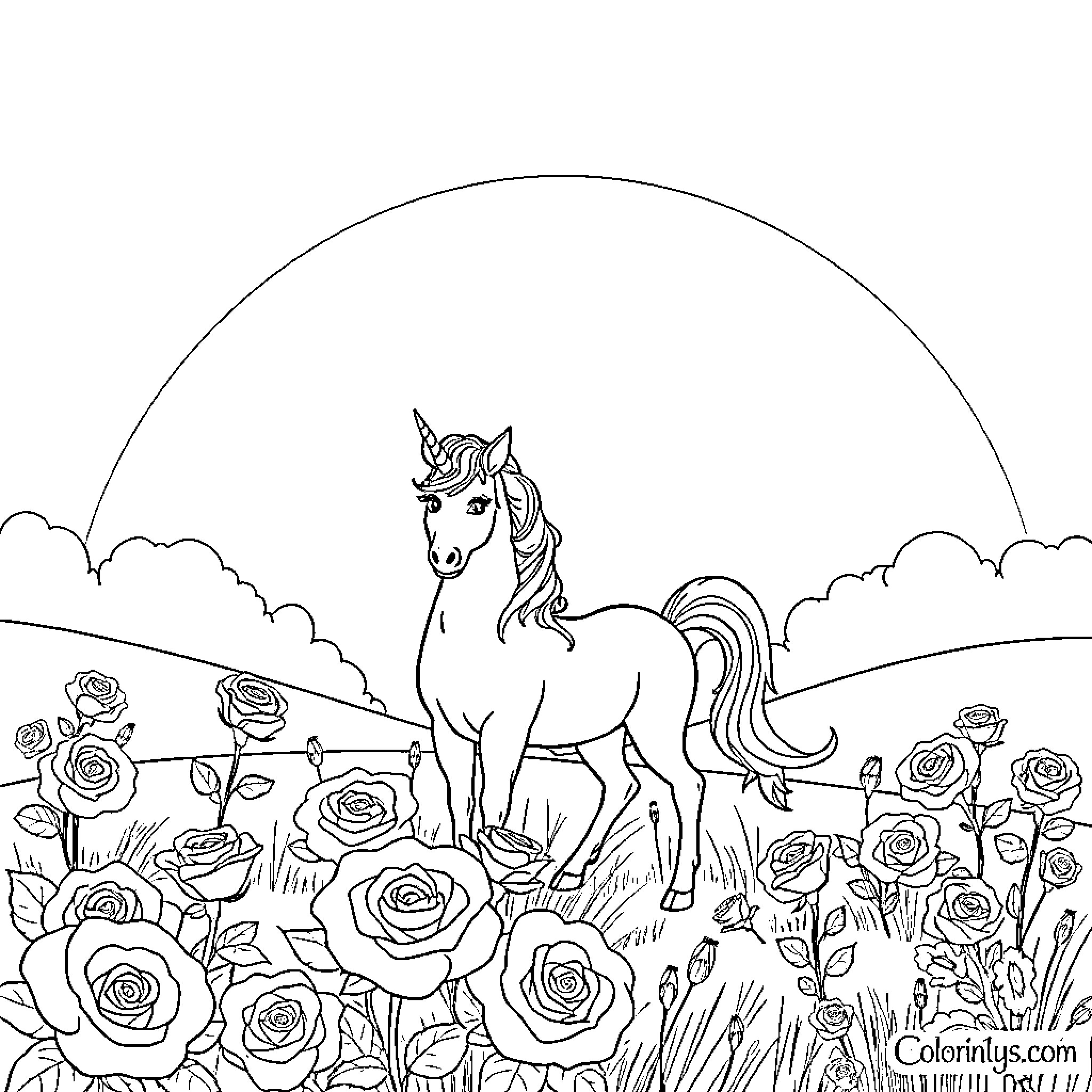 Unicorn standing among blooming roses in the meadow Coloring Page (free black-and-white line drawing printable PDF for all, from beginners to advanced learners, including children, teens, adults, and seniors)