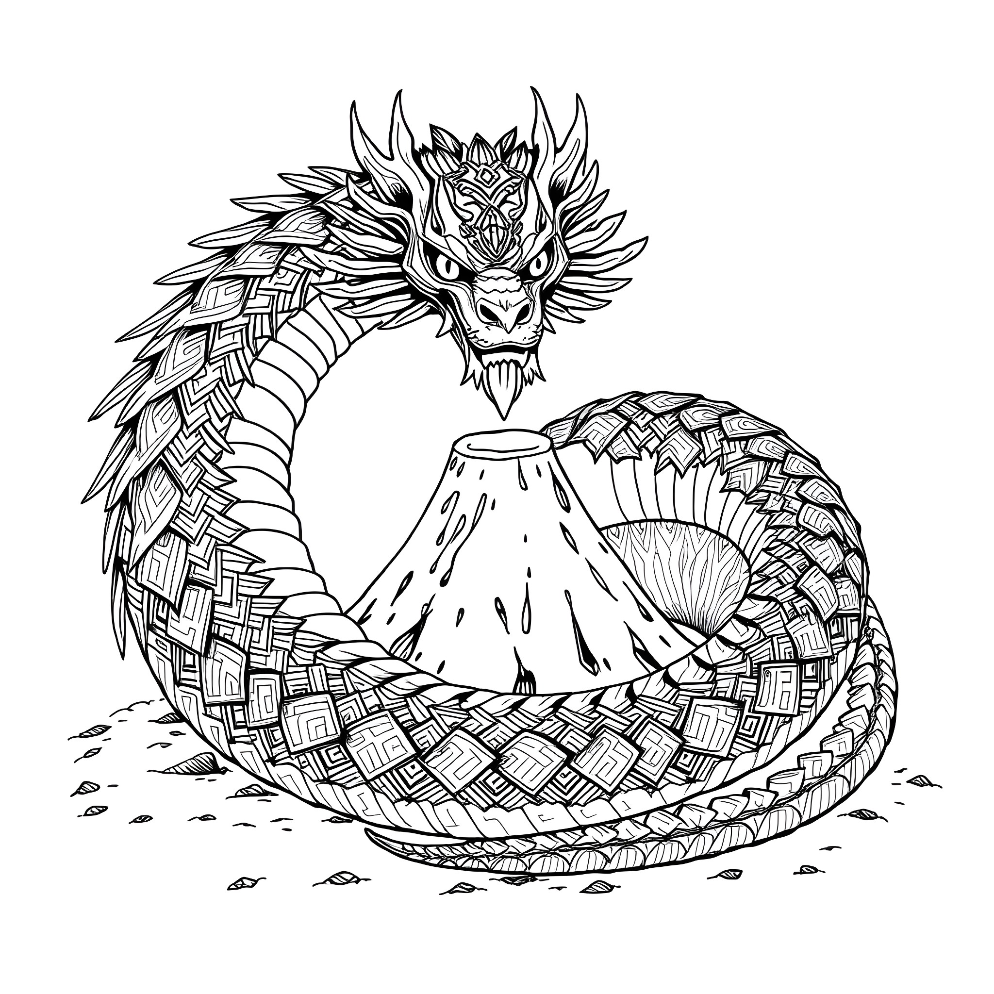 Uktena, the Coiled Serpent Protector Coloring Page (free black-and-white line drawing printable PDF for all, from beginners to advanced learners, including children, teens, adults, and seniors)