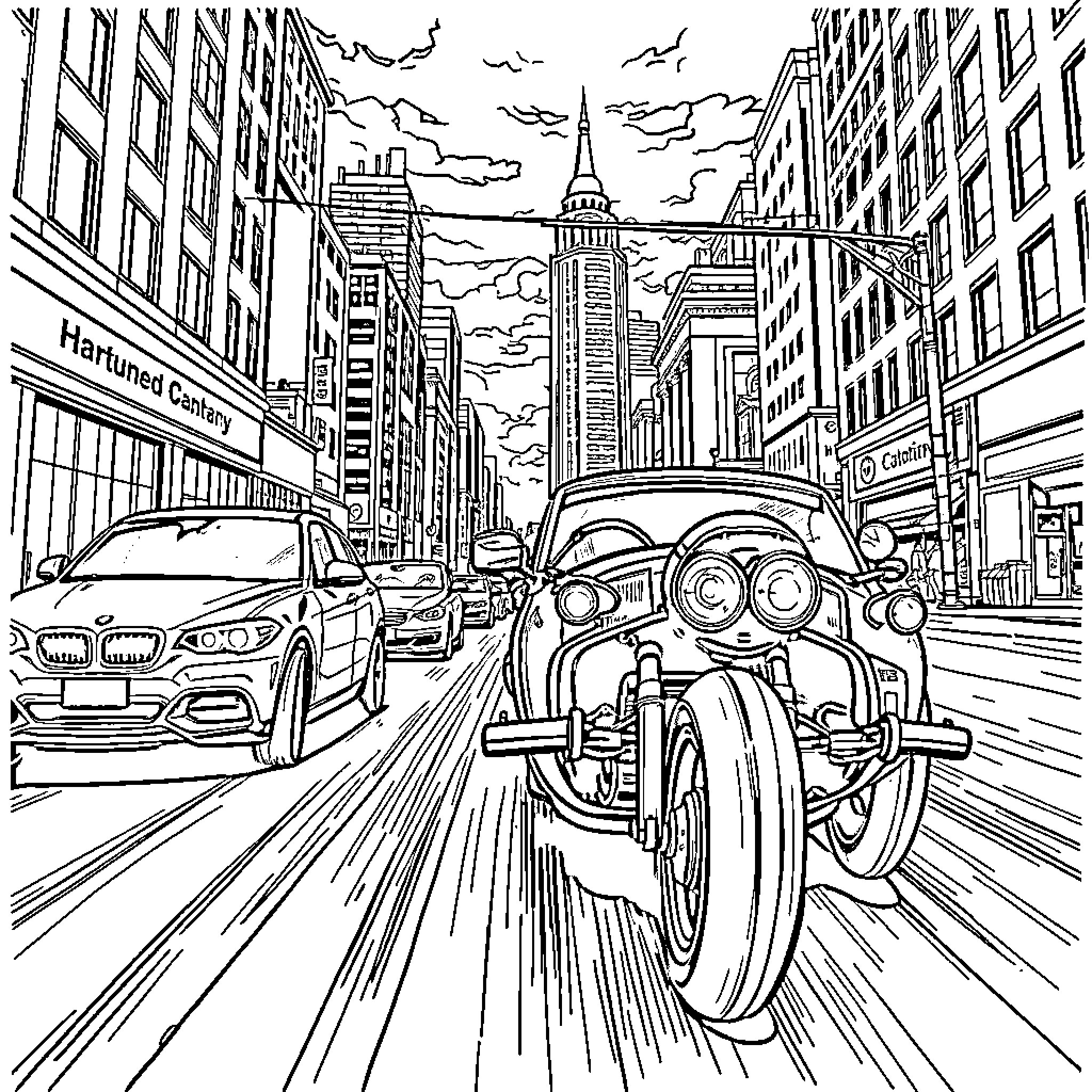 Chase through the bustling city streets Coloring Page (free black-and-white line drawing printable PDF for all, from beginners to advanced learners, including children, teens, adults, and seniors)