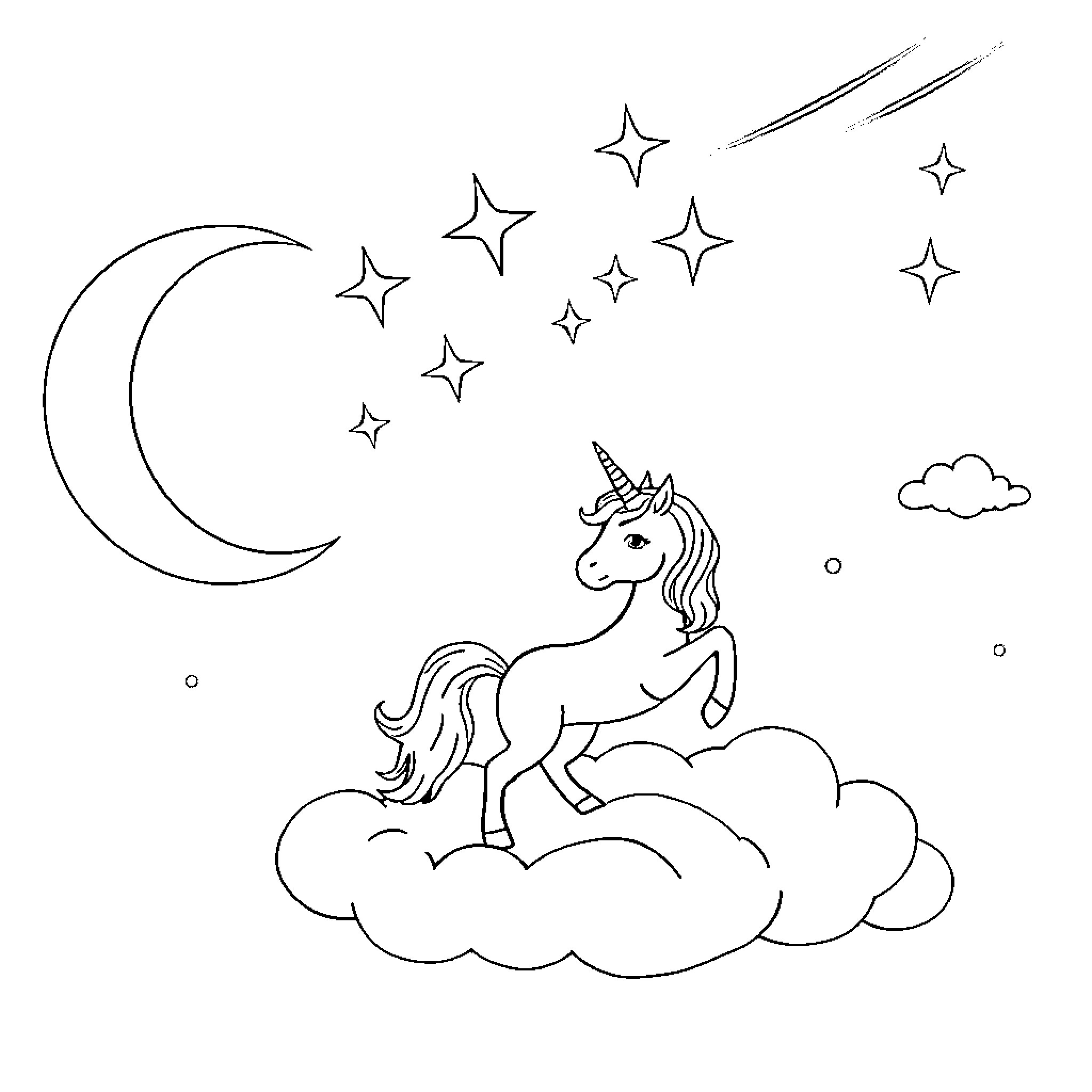 Unicorn dancing among the stars on a cloud Coloring Page (free black-and-white line drawing printable PDF for all, from beginners to advanced learners, including children, teens, adults, and seniors)