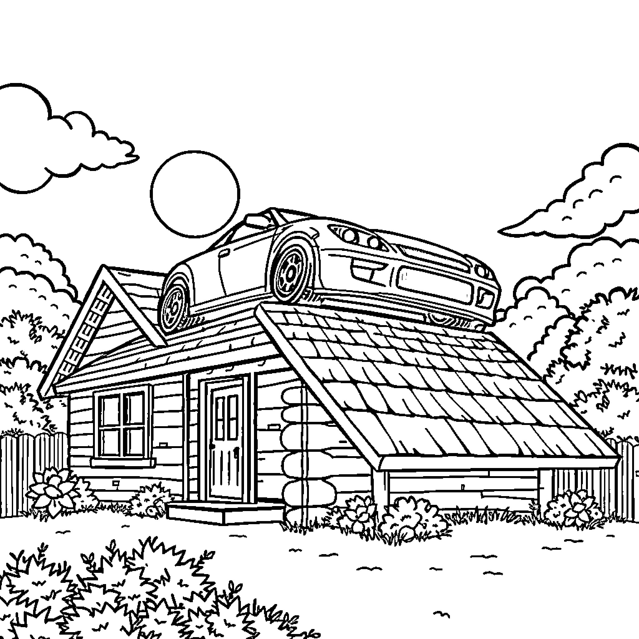 Car atop a Rustic Log Cabin in Nature Coloring Page (free black-and-white line drawing printable PDF for all, from beginners to advanced learners, including children, teens, adults, and seniors)
