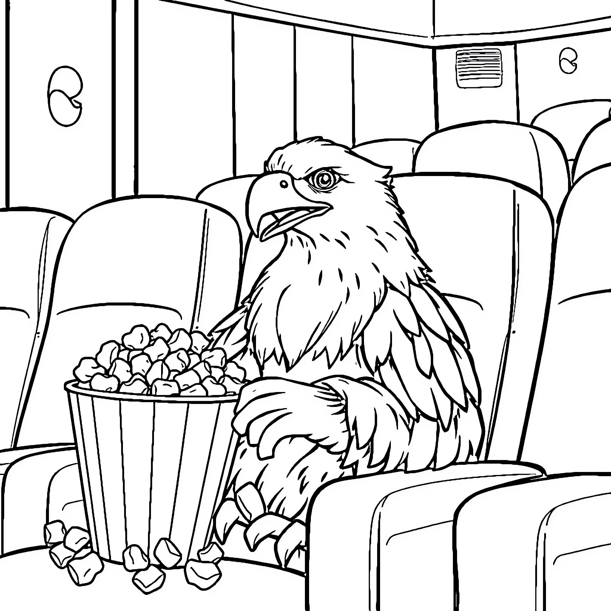 Eagle enjoying popcorn in a movie theater Coloring Page (free black-and-white line drawing printable PDF for all, from beginners to advanced learners, including children, teens, adults, and seniors)