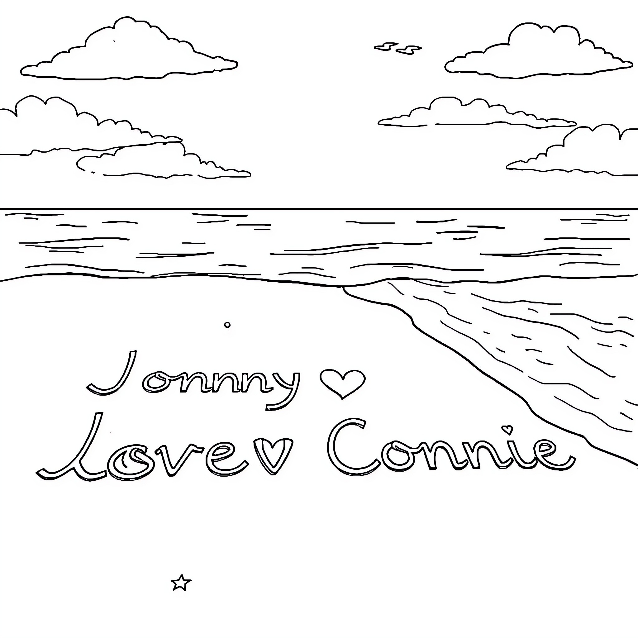 Sand Drawings of Affection by the Ocean Coloring Page (free black-and-white line drawing printable PDF for all, from beginners to advanced learners, including children, teens, adults, and seniors)