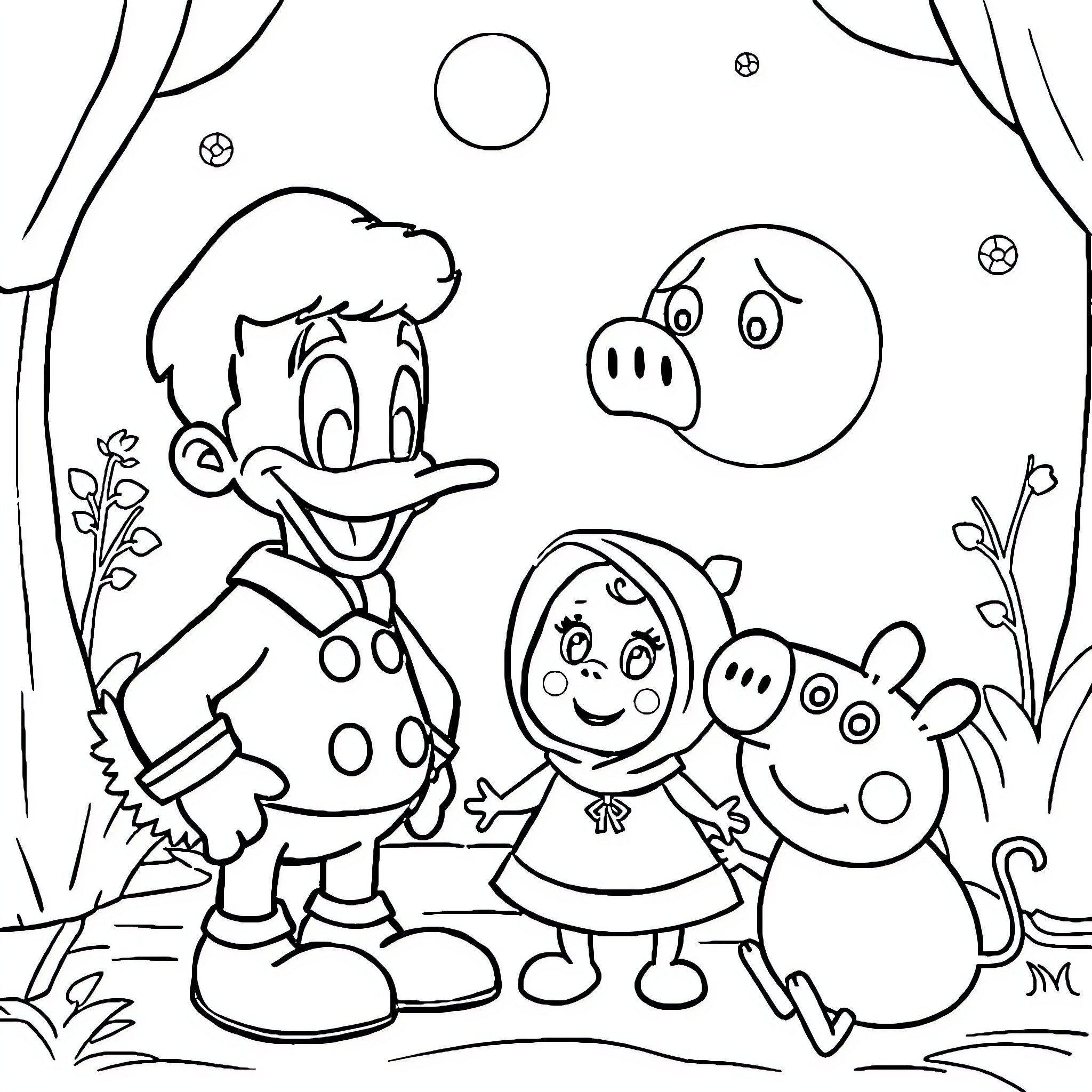 Pato and Friends Explore the Whimsical Woods Coloring Page (free black-and-white line drawing printable PDF for all, from beginners to advanced learners, including children, teens, adults, and seniors)