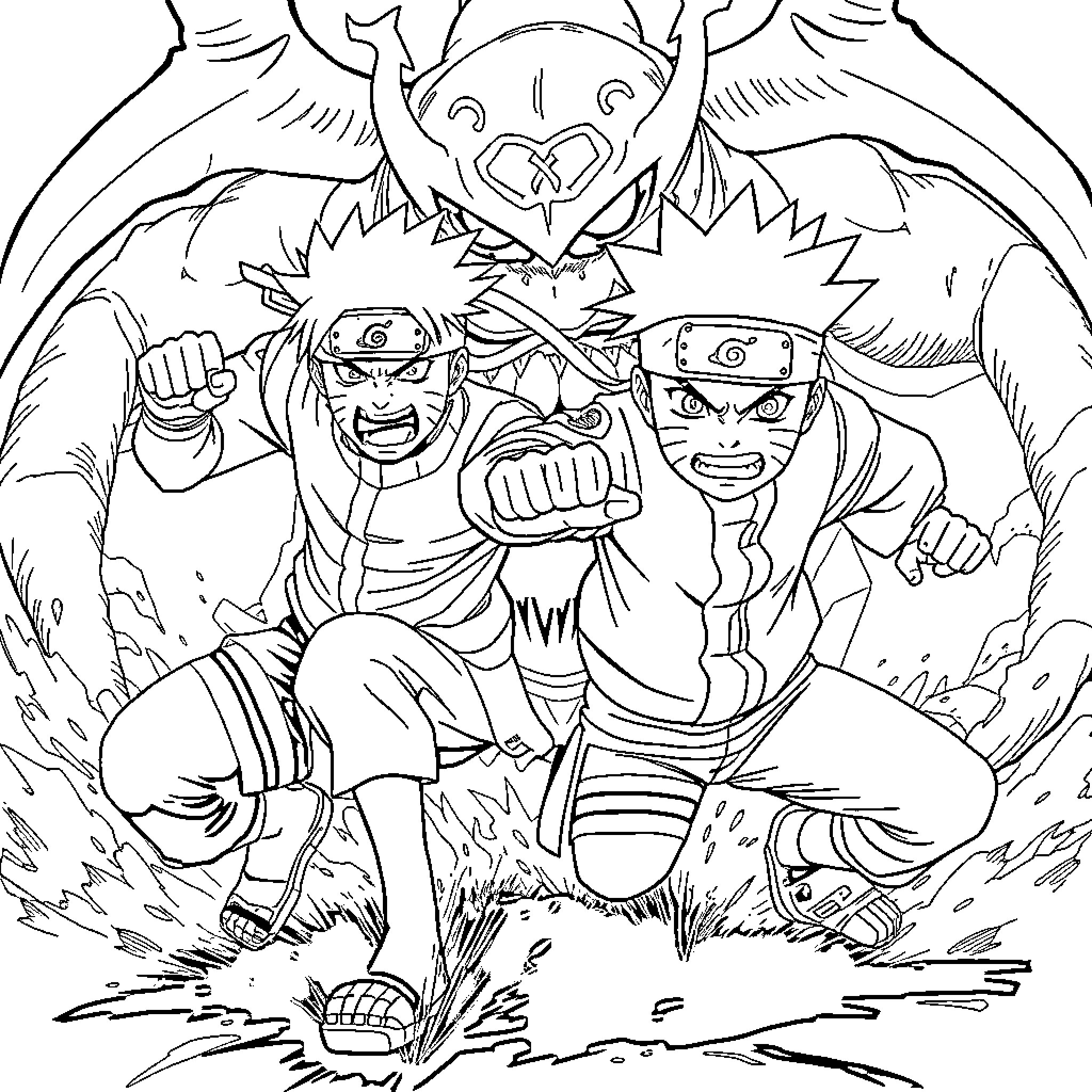 Sangoku Ninjas Battling Fearsome Creature Coloring Page (free black-and-white line drawing printable PDF for all, from beginners to advanced learners, including children, teens, adults, and seniors)