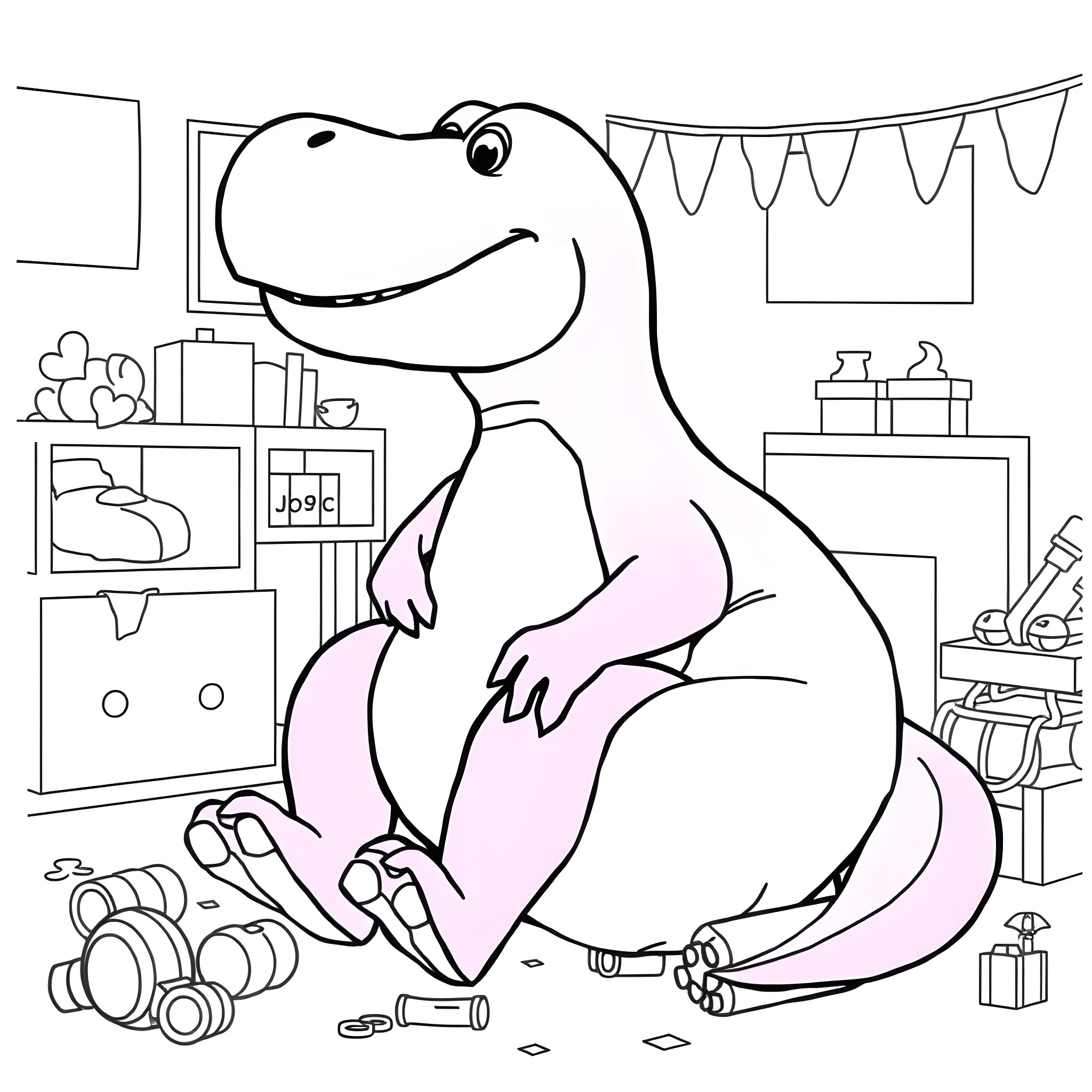 Barney the Dinosaur playing with toys in his room Coloring Page (free black-and-white line drawing printable PDF for all, from beginners to advanced learners, including children, teens, adults, and seniors)