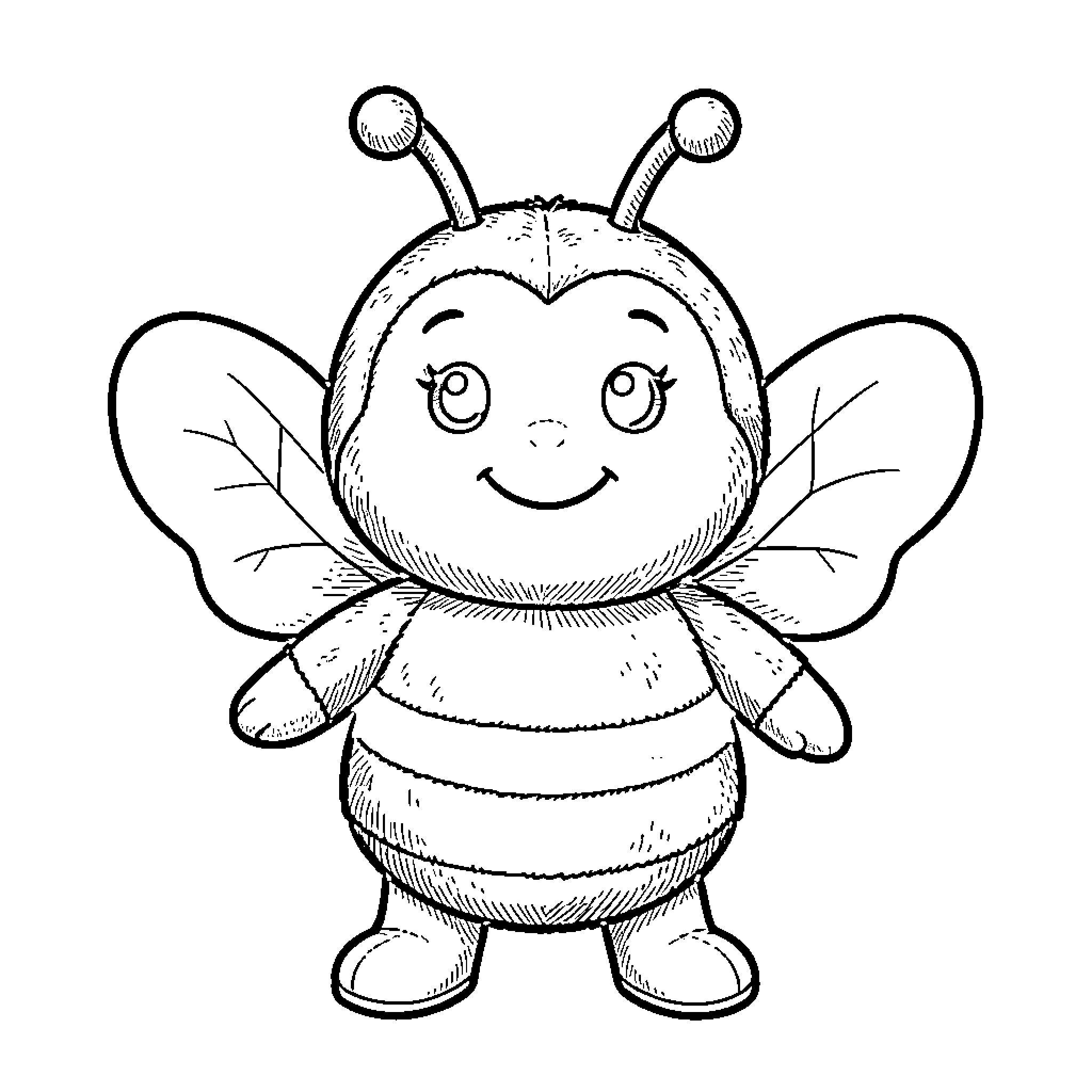 Bee with cute expression and wings Coloring Page (free black-and-white line drawing printable PDF for all, from beginners to advanced learners, including children, teens, adults, and seniors)