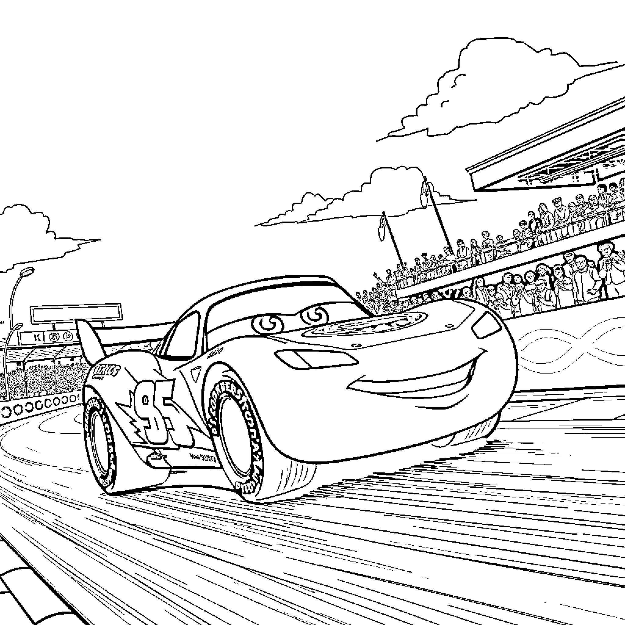 Lightning McQueen racing on the racetrack with crowd Coloring Page (free black-and-white line drawing printable PDF for all, from beginners to advanced learners, including children, teens, adults, and seniors)
