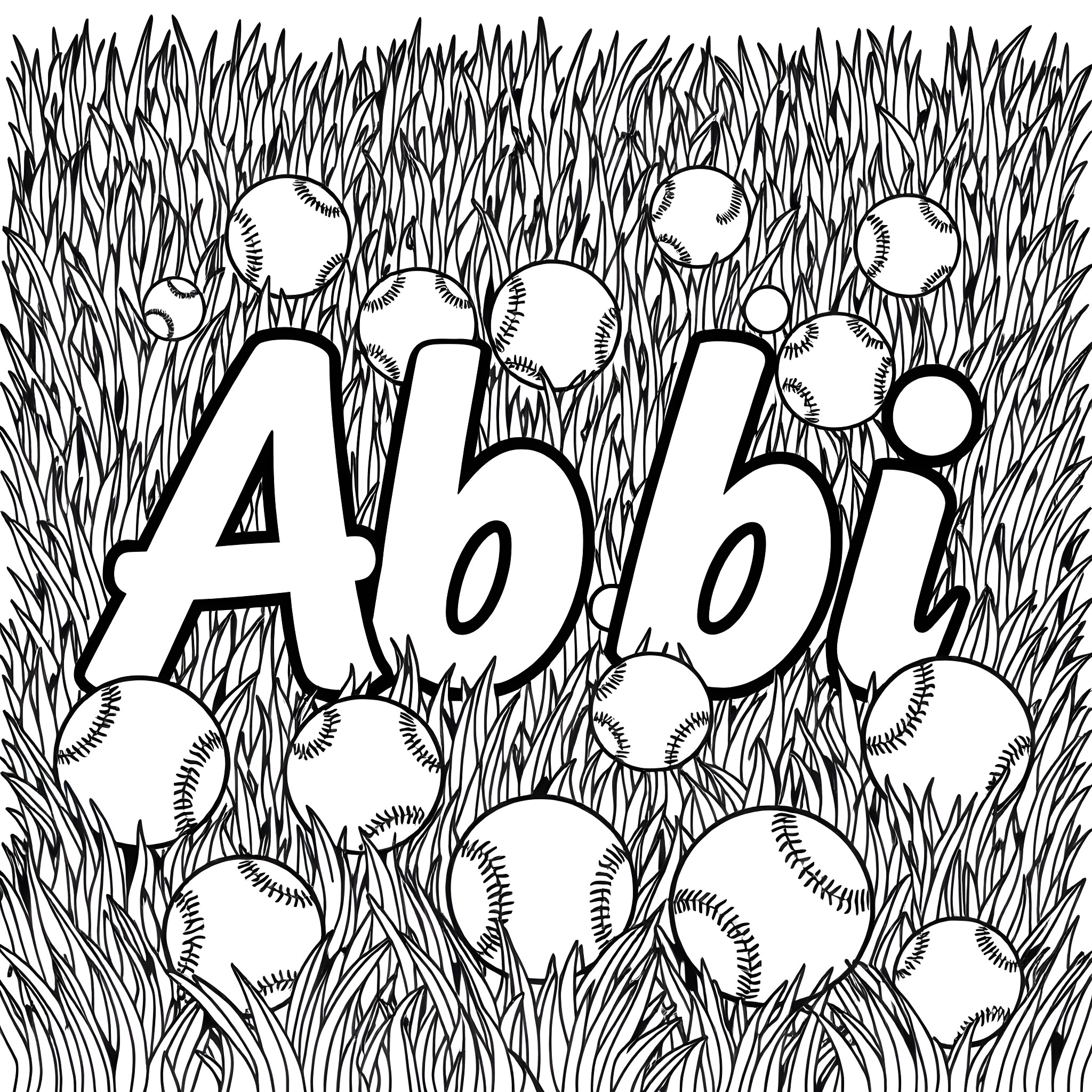 ABBI surrounded by baseballs in the grass Coloring Page (free black-and-white line drawing printable PDF for all, from beginners to advanced learners, including children, teens, adults, and seniors)