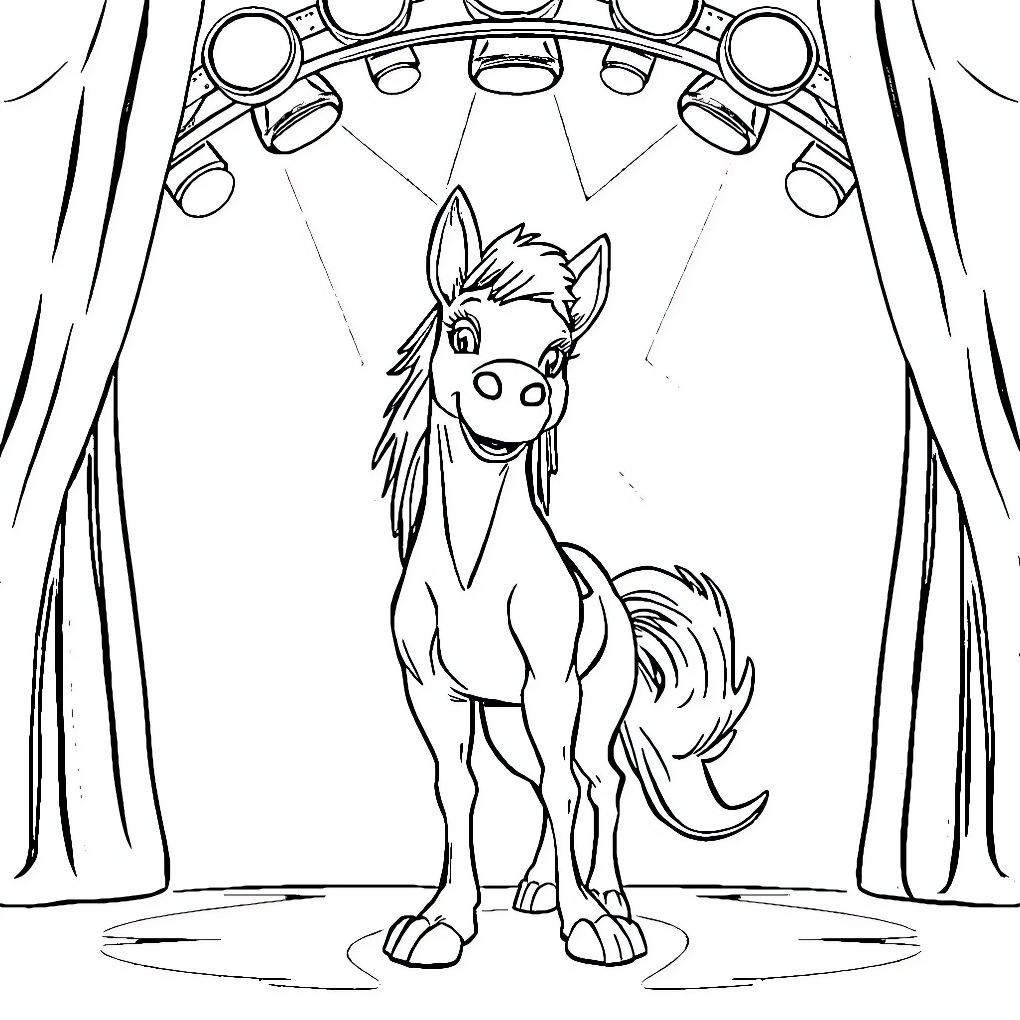 Huntrix: Animated Pony Performing on Stage Coloring Page (free black-and-white line drawing printable PDF for all, from beginners to advanced learners, including children, teens, adults, and seniors)