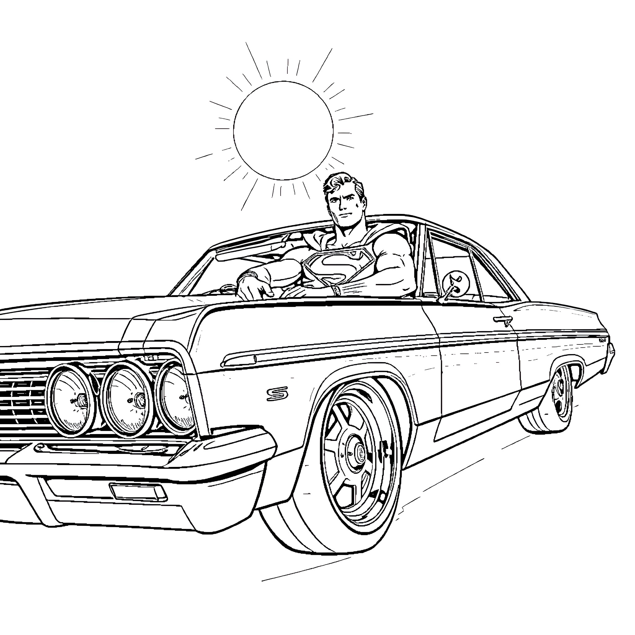Superman driving a classic muscle car Coloring Page (free black-and-white line drawing printable PDF for all, from beginners to advanced learners, including children, teens, adults, and seniors)