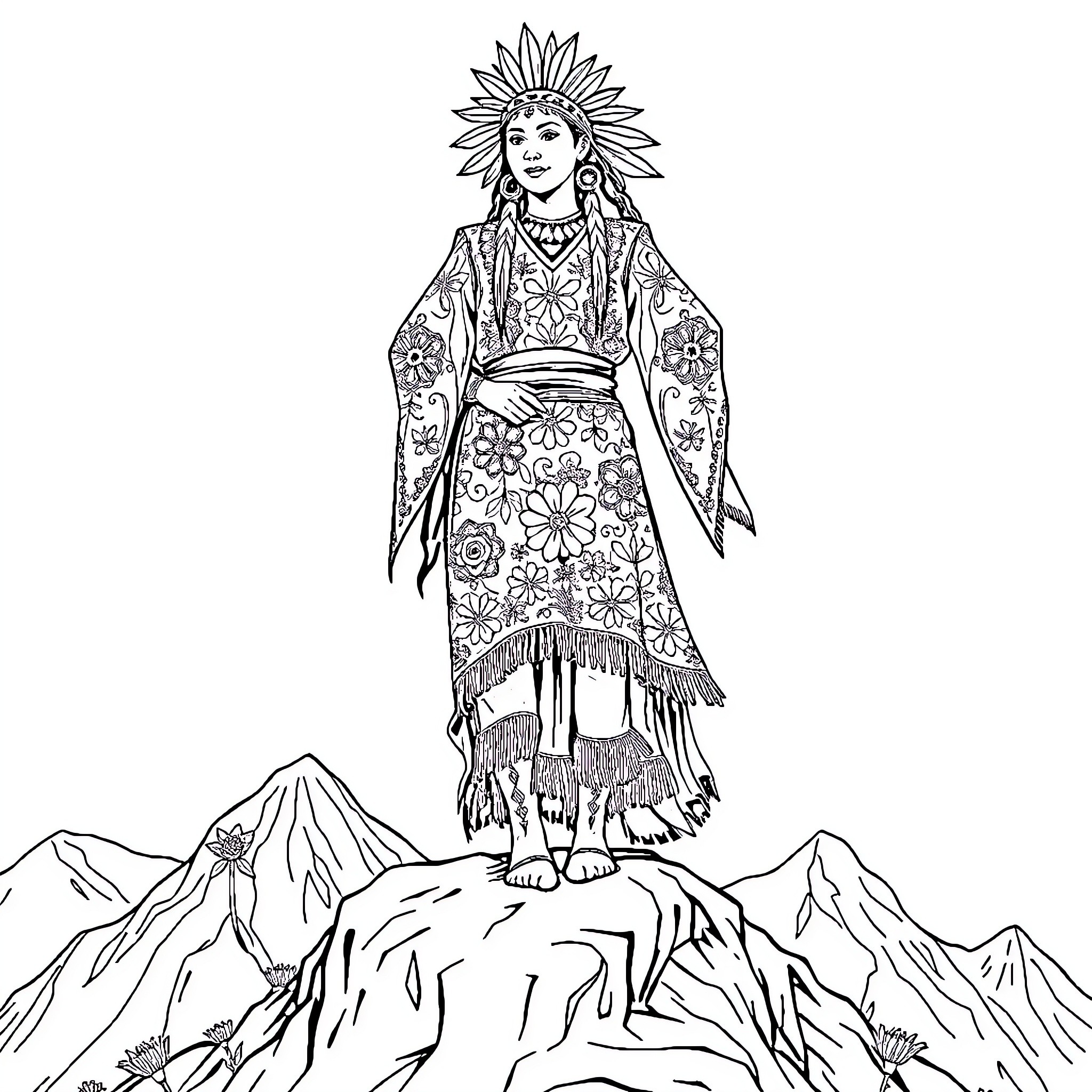 Jingle Dancer in Traditional Native American Regalia Coloring Page (free black-and-white line drawing printable PDF for all, from beginners to advanced learners, including children, teens, adults, and seniors)