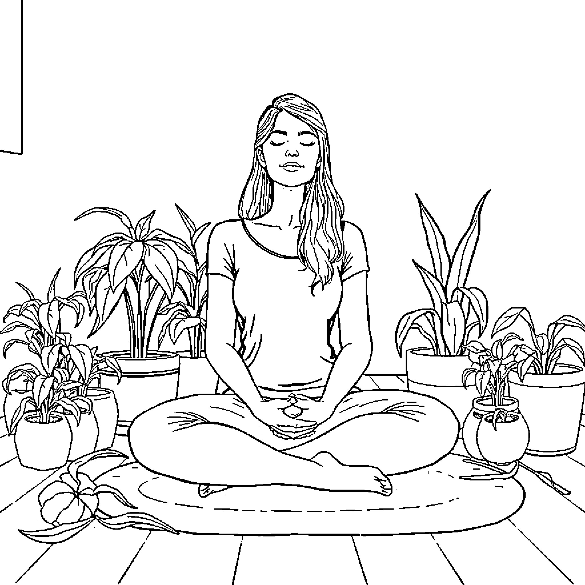 Woman meditating peacefully among plants Coloring Page (free black-and-white line drawing printable PDF for all, from beginners to advanced learners, including children, teens, adults, and seniors)
