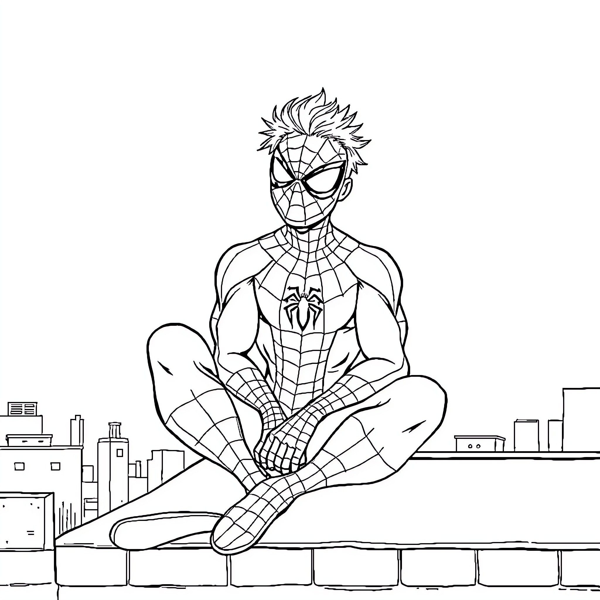 Spiderman crouching on the city rooftops Coloring Page (free black-and-white line drawing printable PDF for all, from beginners to advanced learners, including children, teens, adults, and seniors)