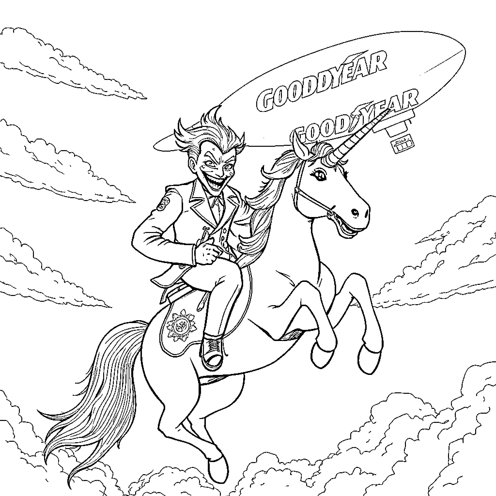 Joker riding whimsically on a unicorn through the sky Coloring Page (free black-and-white line drawing printable PDF for all, from beginners to advanced learners, including children, teens, adults, and seniors)