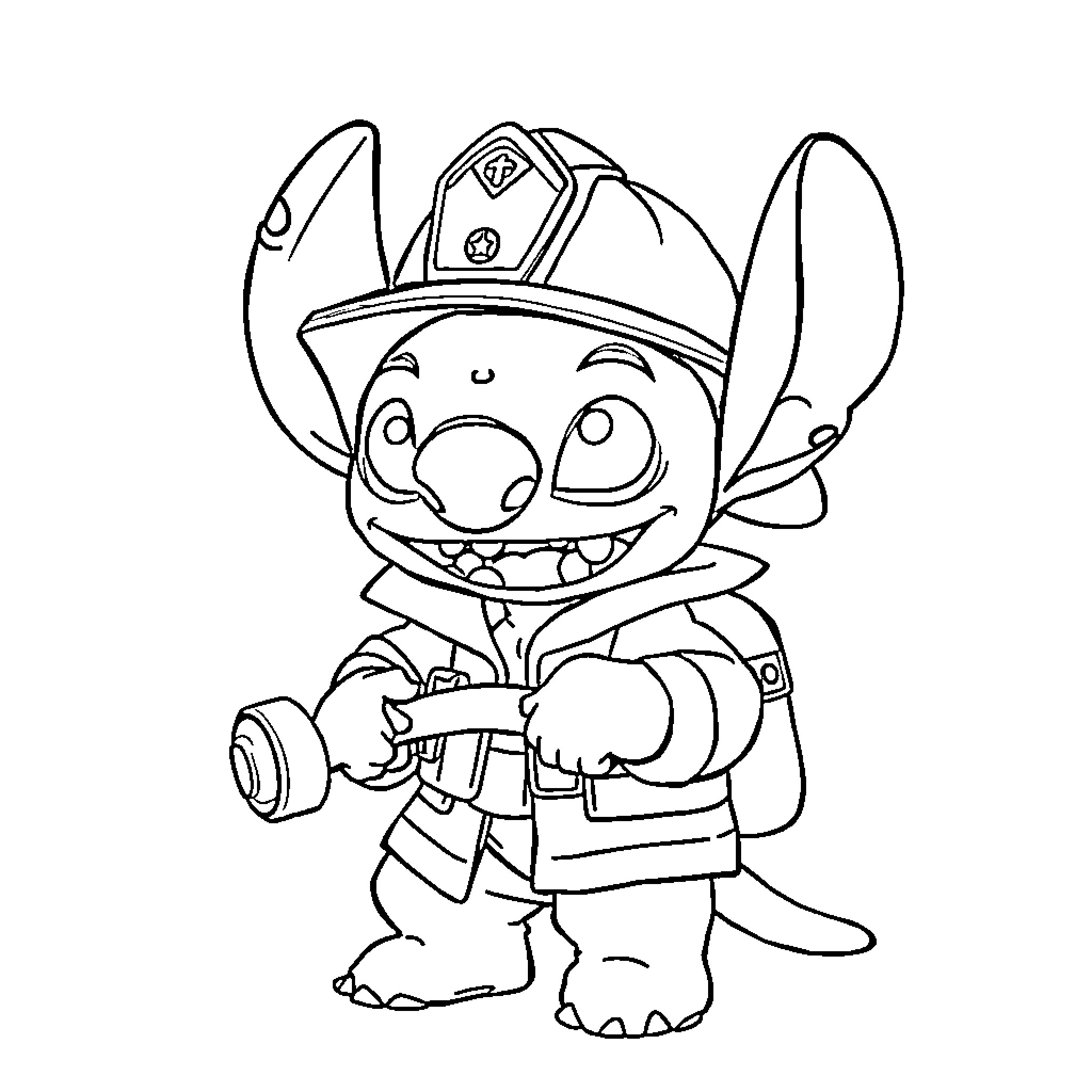 Stitch dressed as a firefighter holding a fire extinguisher Coloring Page (free black-and-white line drawing printable PDF for all, from beginners to advanced learners, including children, teens, adults, and seniors)