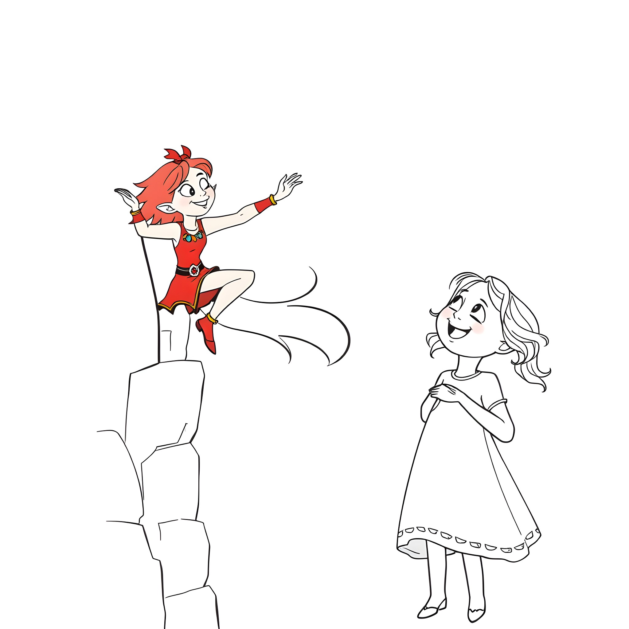 Red Cartoon Characters Posing Playfully Coloring Page (free black-and-white line drawing printable PDF for all, from beginners to advanced learners, including children, teens, adults, and seniors)