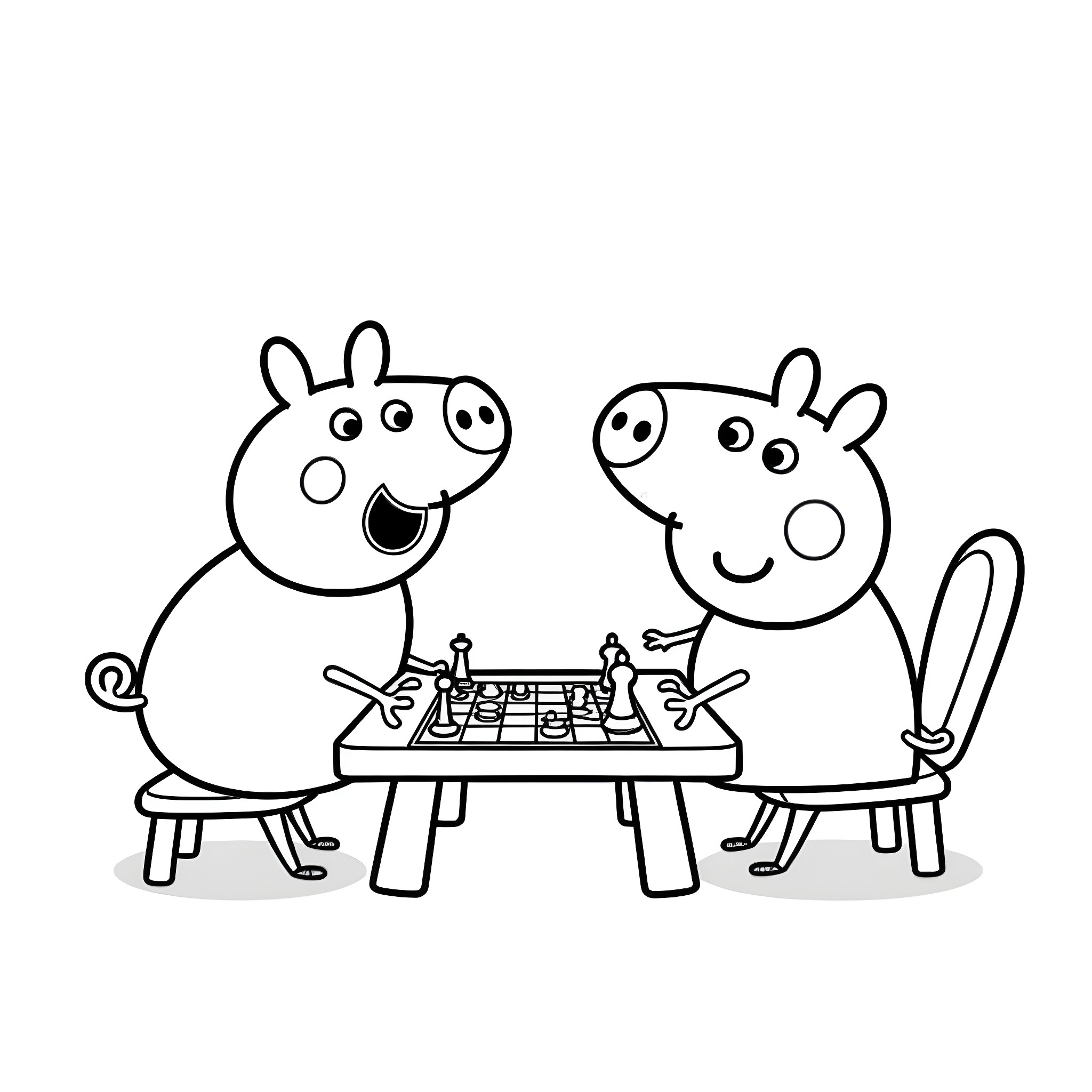 Peppa Pig and her friend playing chess together Coloring Page (free black-and-white line drawing printable PDF for all, from beginners to advanced learners, including children, teens, adults, and seniors)