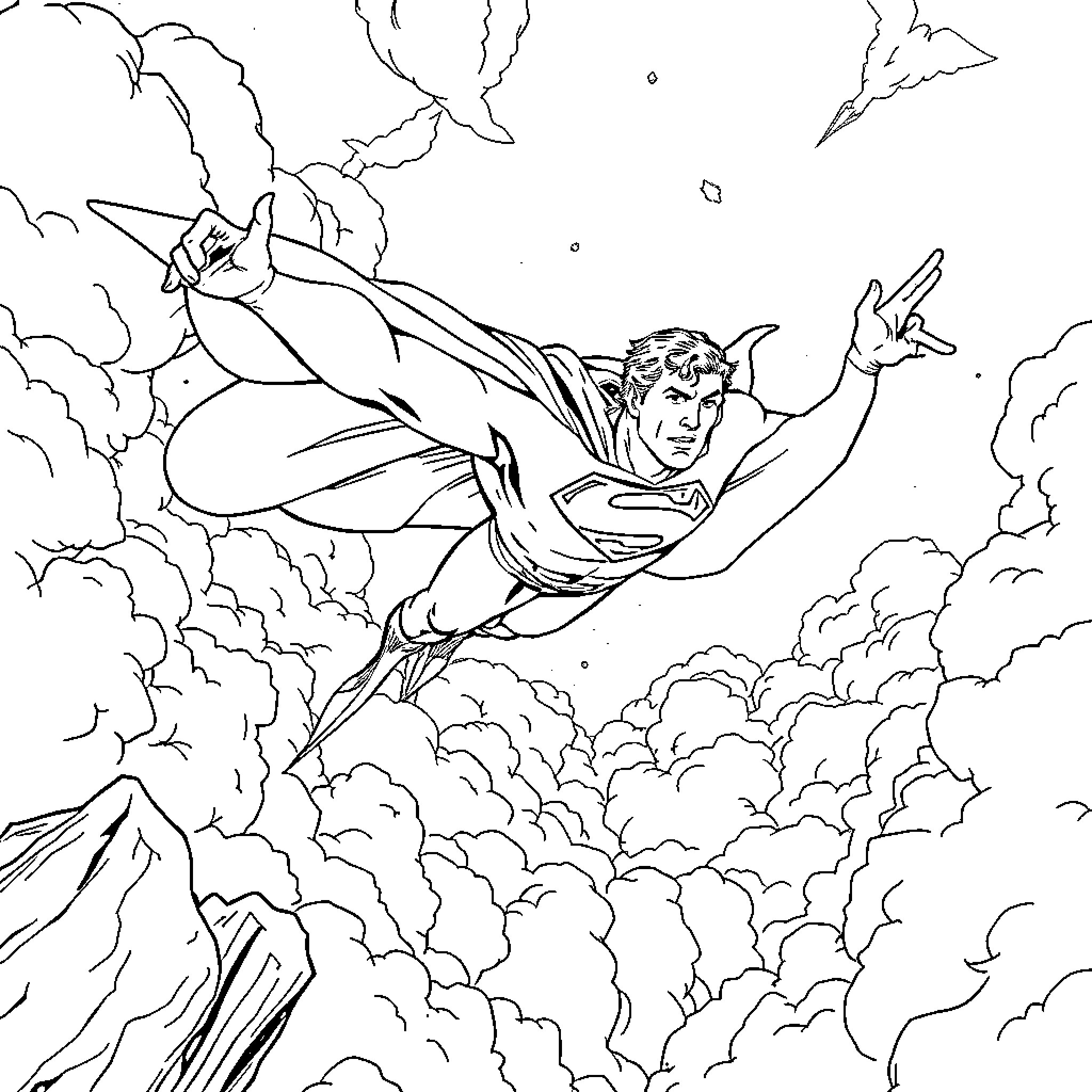 Superman soaring through the clouds in heroic pose Coloring Page (free black-and-white line drawing printable PDF for all, from beginners to advanced learners, including children, teens, adults, and seniors)
