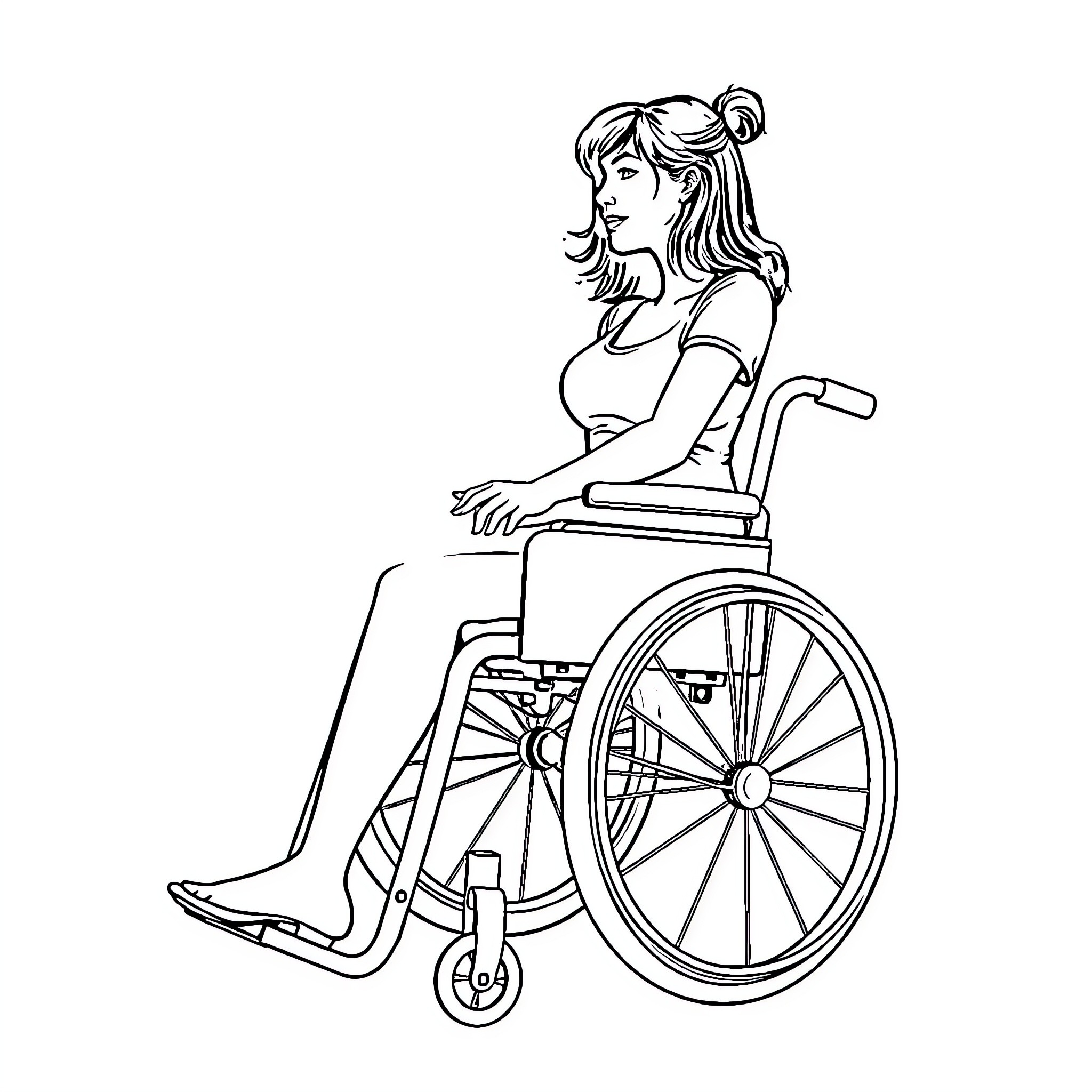 Woman in wheelchair with determined expression Coloring Page (free black-and-white line drawing printable PDF for all, from beginners to advanced learners, including children, teens, adults, and seniors)