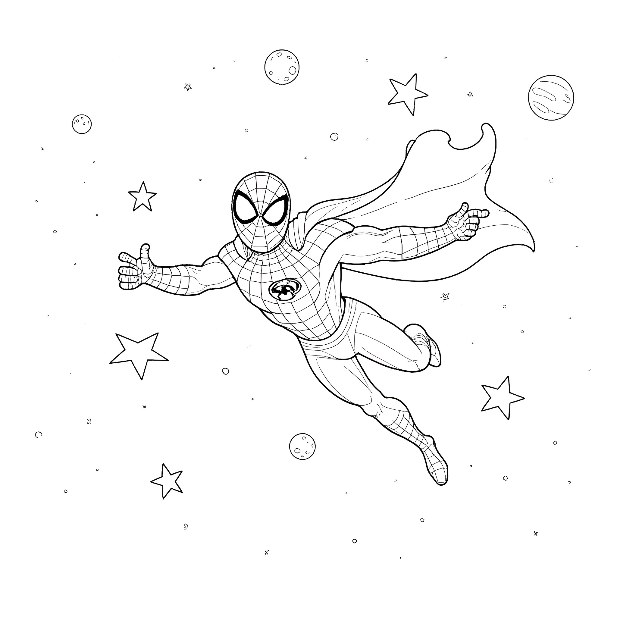 Superhero Spiderman Soaring Through Cosmic Space Coloring Page (free black-and-white line drawing printable PDF for all, from beginners to advanced learners, including children, teens, adults, and seniors)