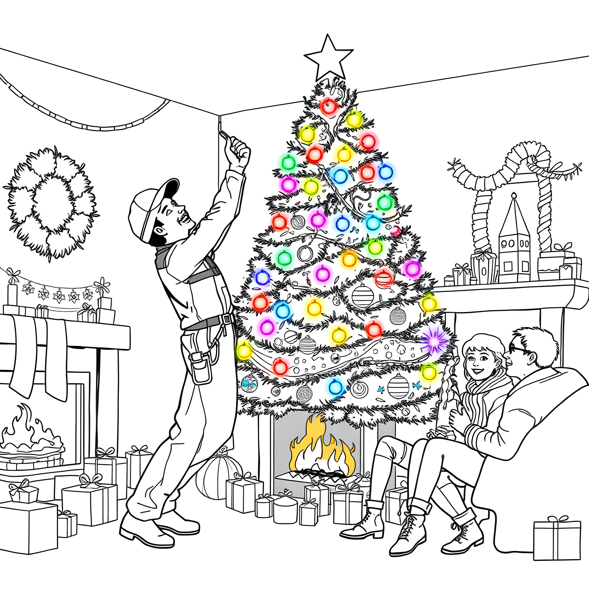 Electrician decorating a festive Christmas tree Coloring Page (free black-and-white line drawing printable PDF for all, from beginners to advanced learners, including children, teens, adults, and seniors)