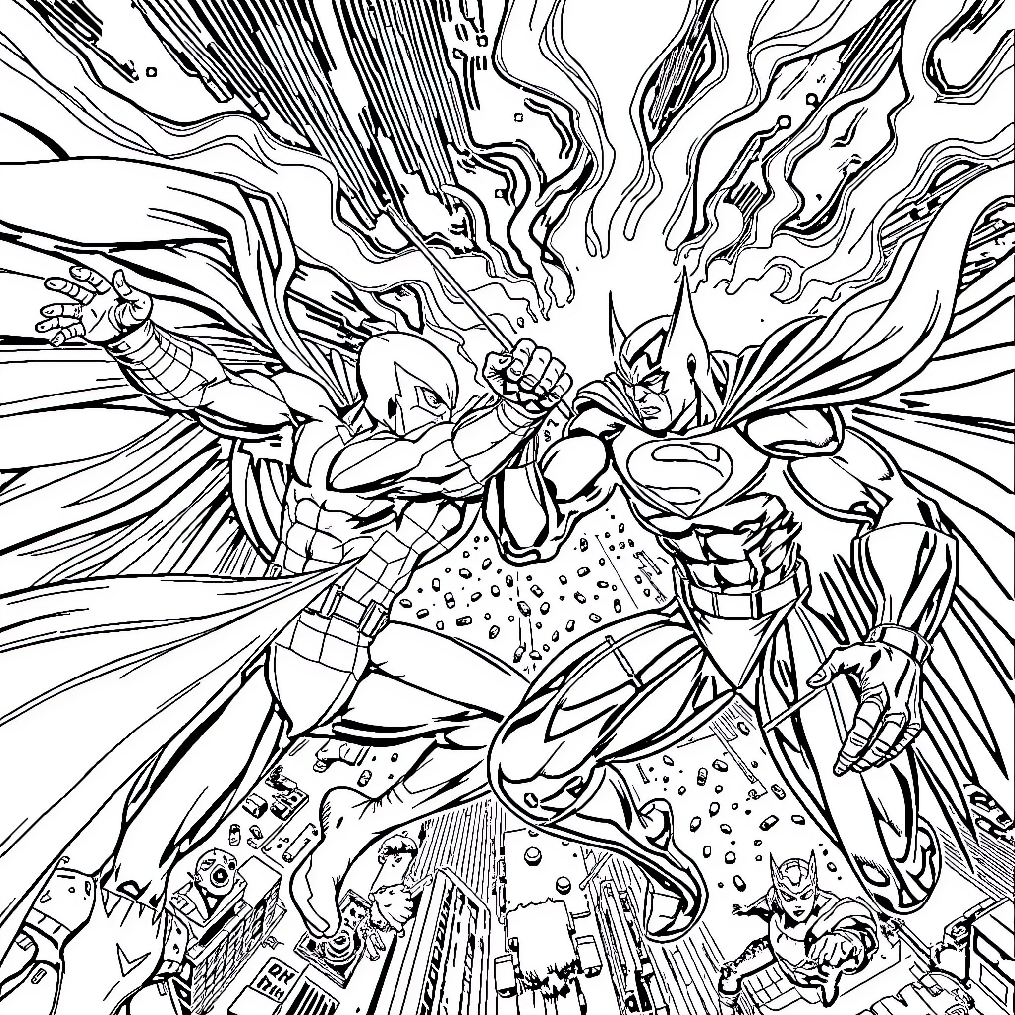 Superhero Clash in Dynamic Comic Book Style Coloring Page (free black-and-white line drawing printable PDF for all, from beginners to advanced learners, including children, teens, adults, and seniors)