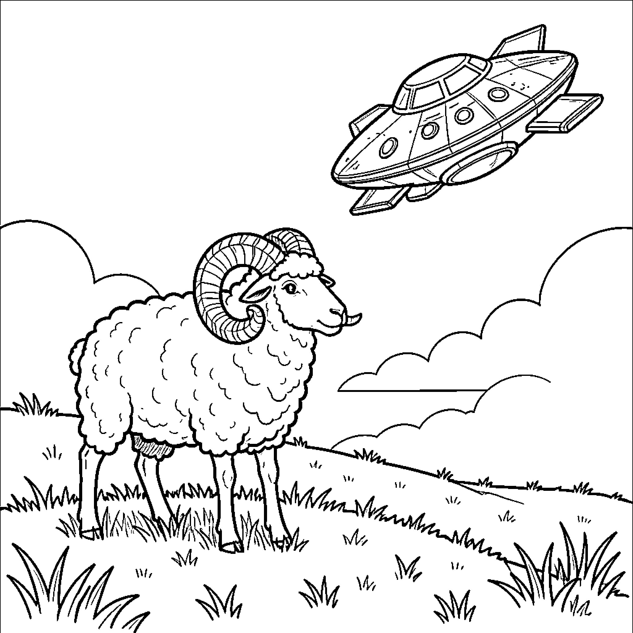 Sheep gazing at a passing spacecraft Coloring Page (free black-and-white line drawing printable PDF for all, from beginners to advanced learners, including children, teens, adults, and seniors)