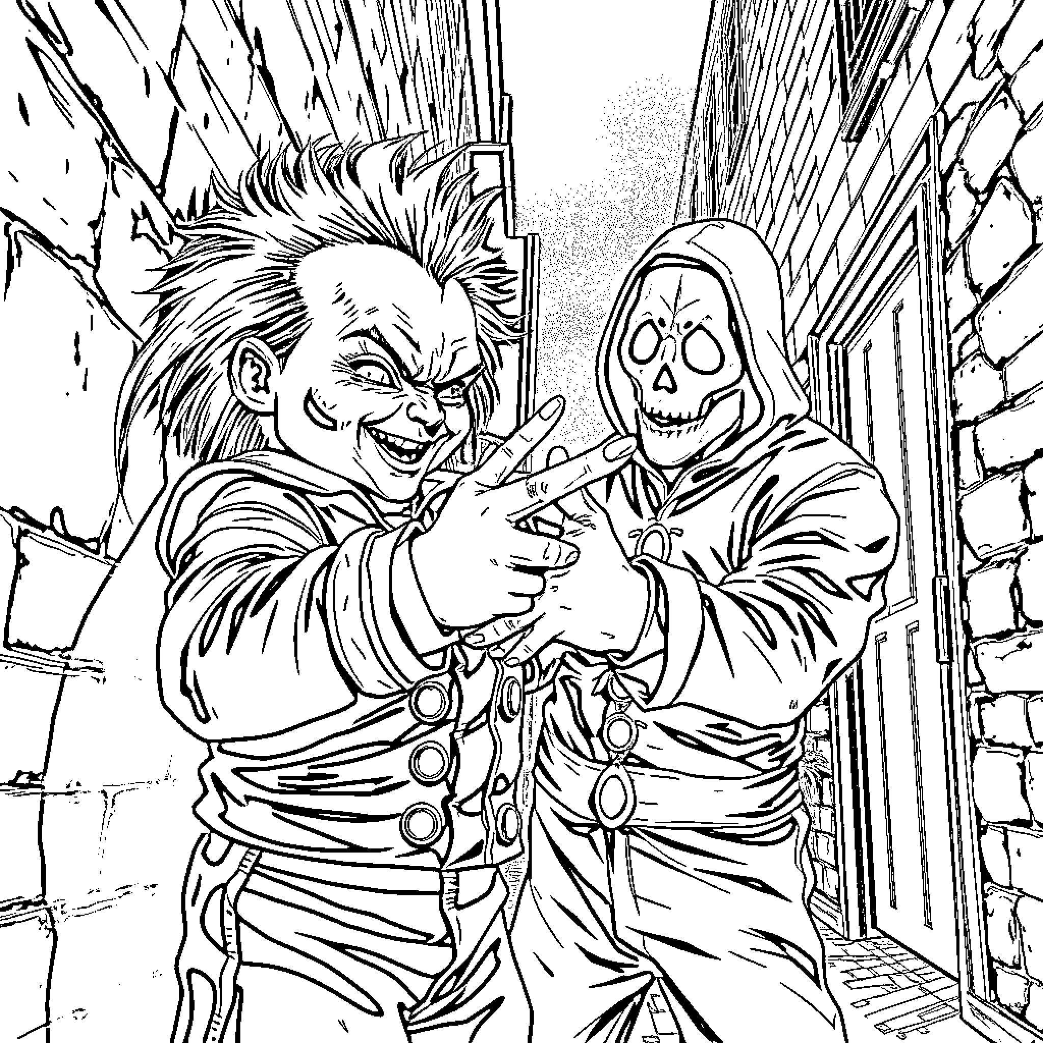 Chucky and the Grim Reaper in a Creepy Alley Coloring Page (free black-and-white line drawing printable PDF for all, from beginners to advanced learners, including children, teens, adults, and seniors)
