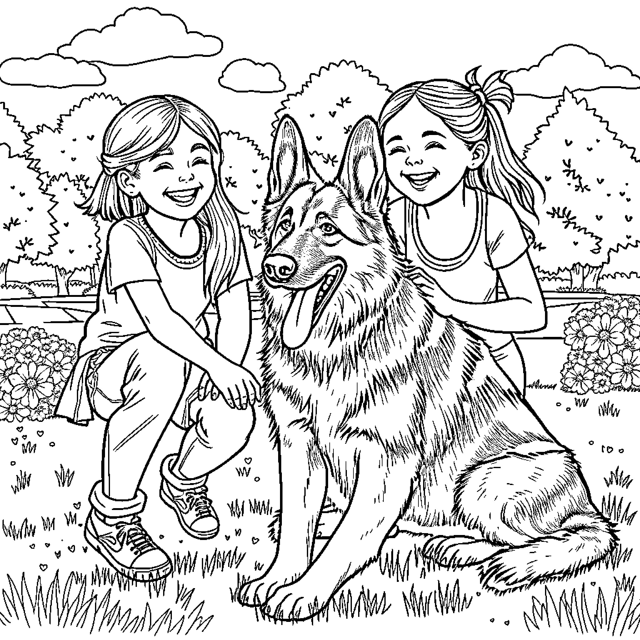Girls Petting Friendly Dog in Park Coloring Page (free black-and-white line drawing printable PDF for all, from beginners to advanced learners, including children, teens, adults, and seniors)