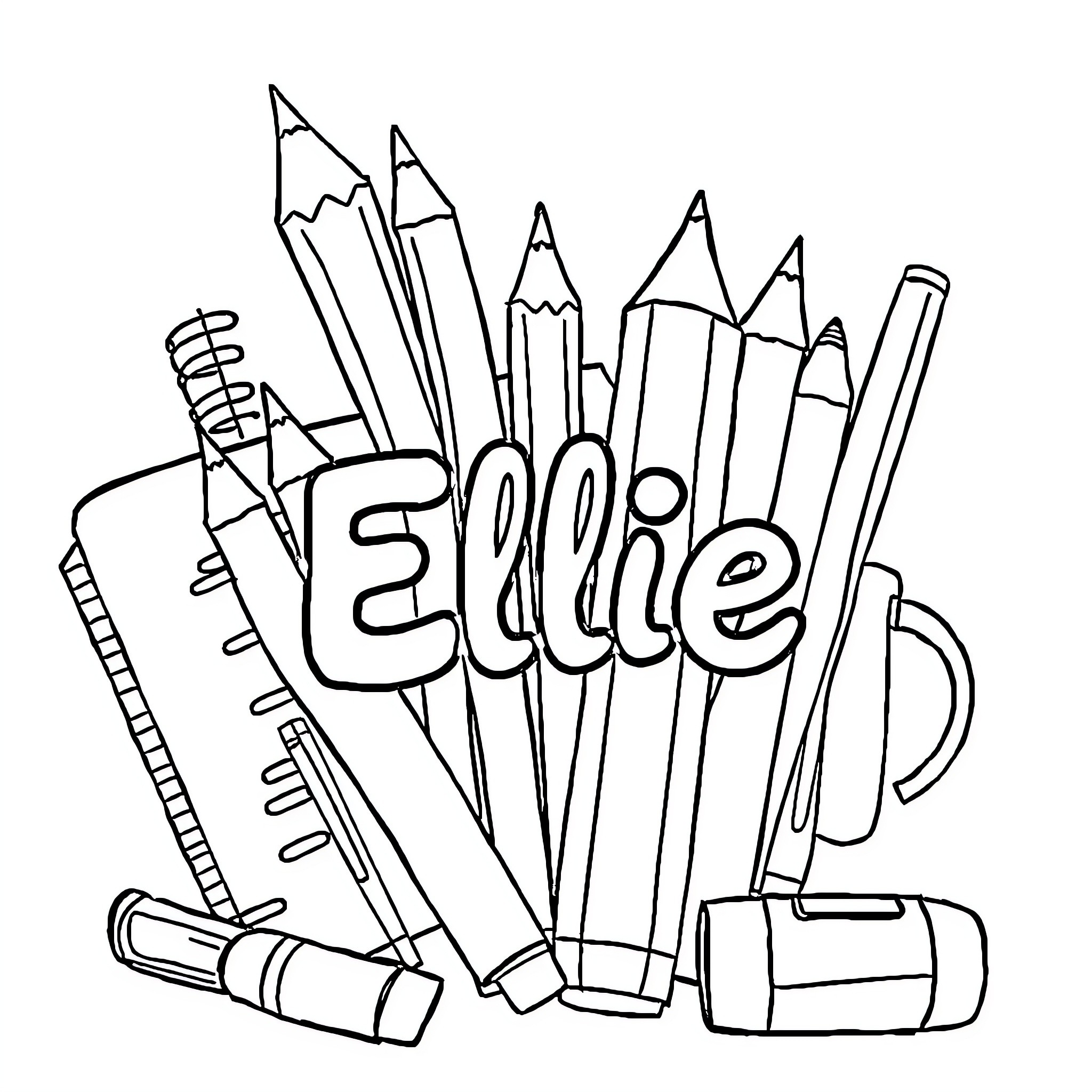 School Supplies with Vibrant Expressions Coloring Page (free black-and-white line drawing printable PDF for all, from beginners to advanced learners, including children, teens, adults, and seniors)