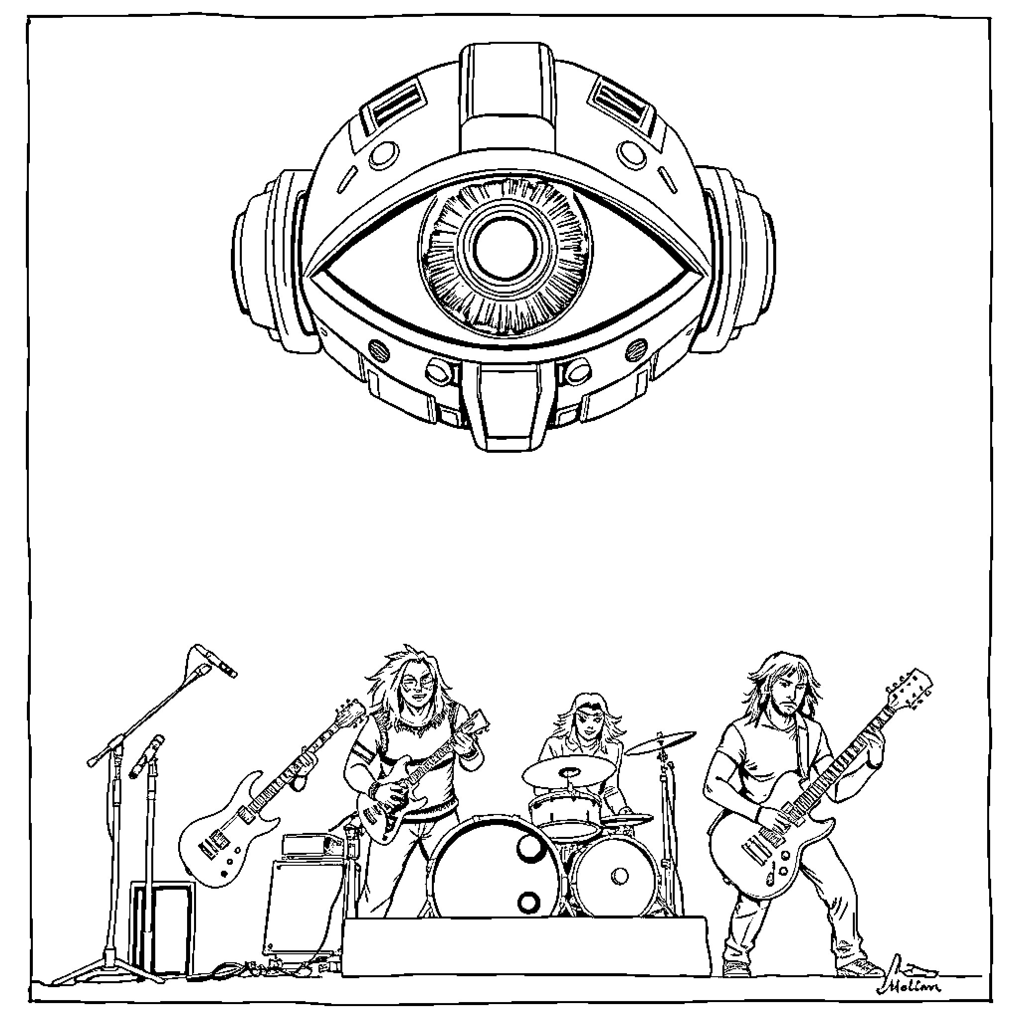 Robot musicians performing on stage Coloring Page (free black-and-white line drawing printable PDF for all, from beginners to advanced learners, including children, teens, adults, and seniors)